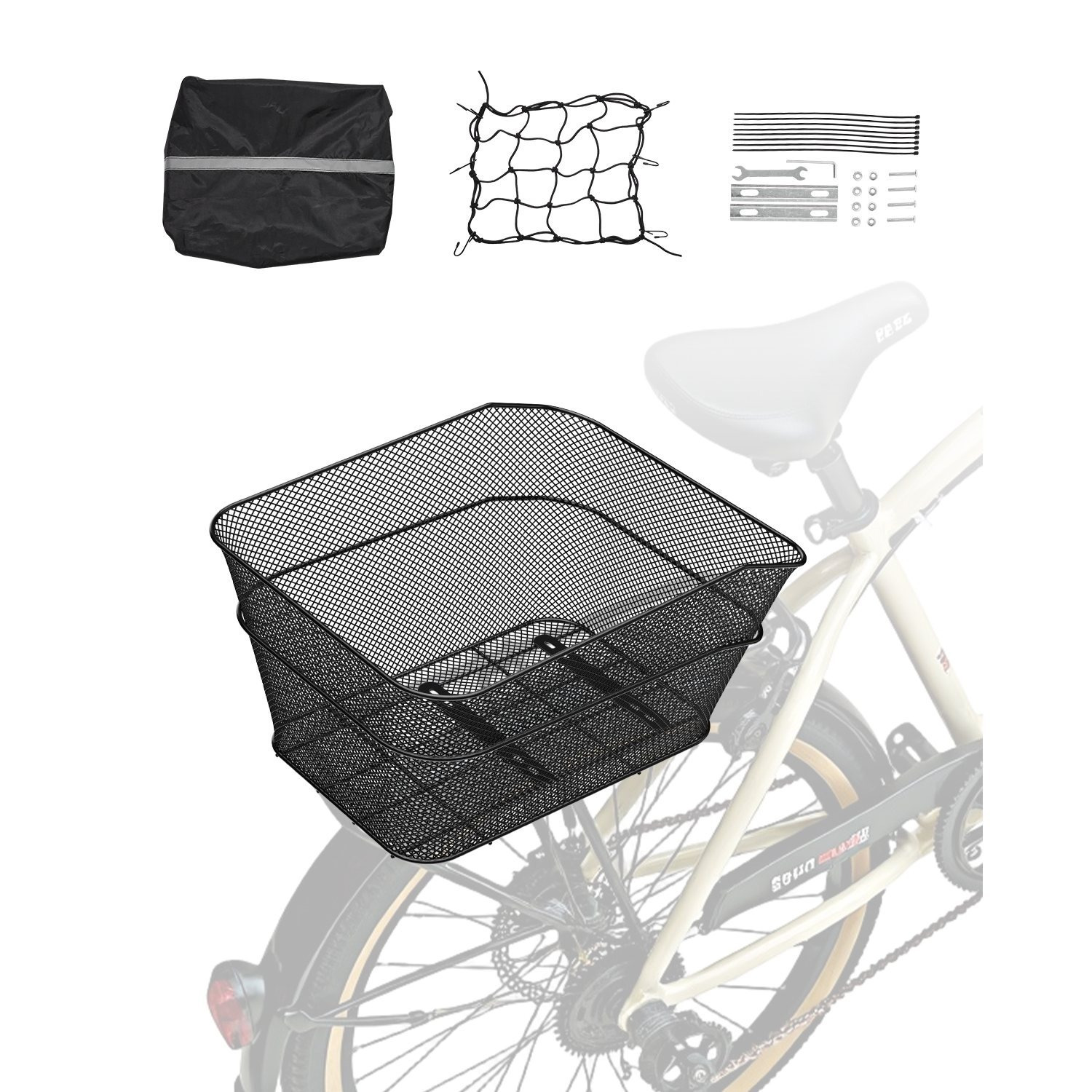 TEMU Panier arrière de vélo VEVOR, panier de vélo en treillis métallique avec filet de chargement et housse, panier arrière de vélo en métal durable,