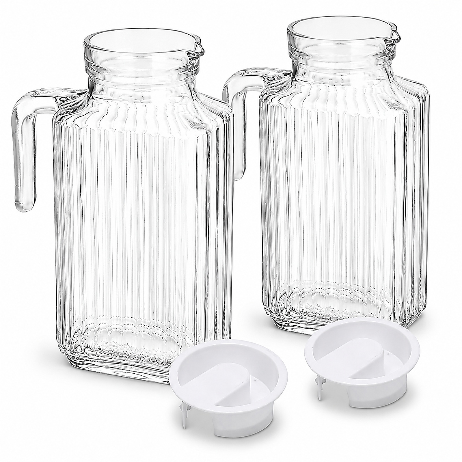 TEMU Pack de 2 Jarras de Cristal con para Nevera, 1500/1800/2000 ml, Jarras Transparentes con Asa y Boquilla para Agua, Zumo, , Té Frío y Bebidas