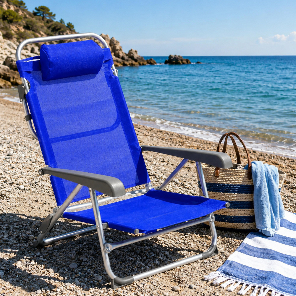 TEMU Sillón Reclinable de Playa Plegable con Estructura Tubular de Aluminio, Cubierta de Tela , Reposacabezas Acolchado para Camping y Playa