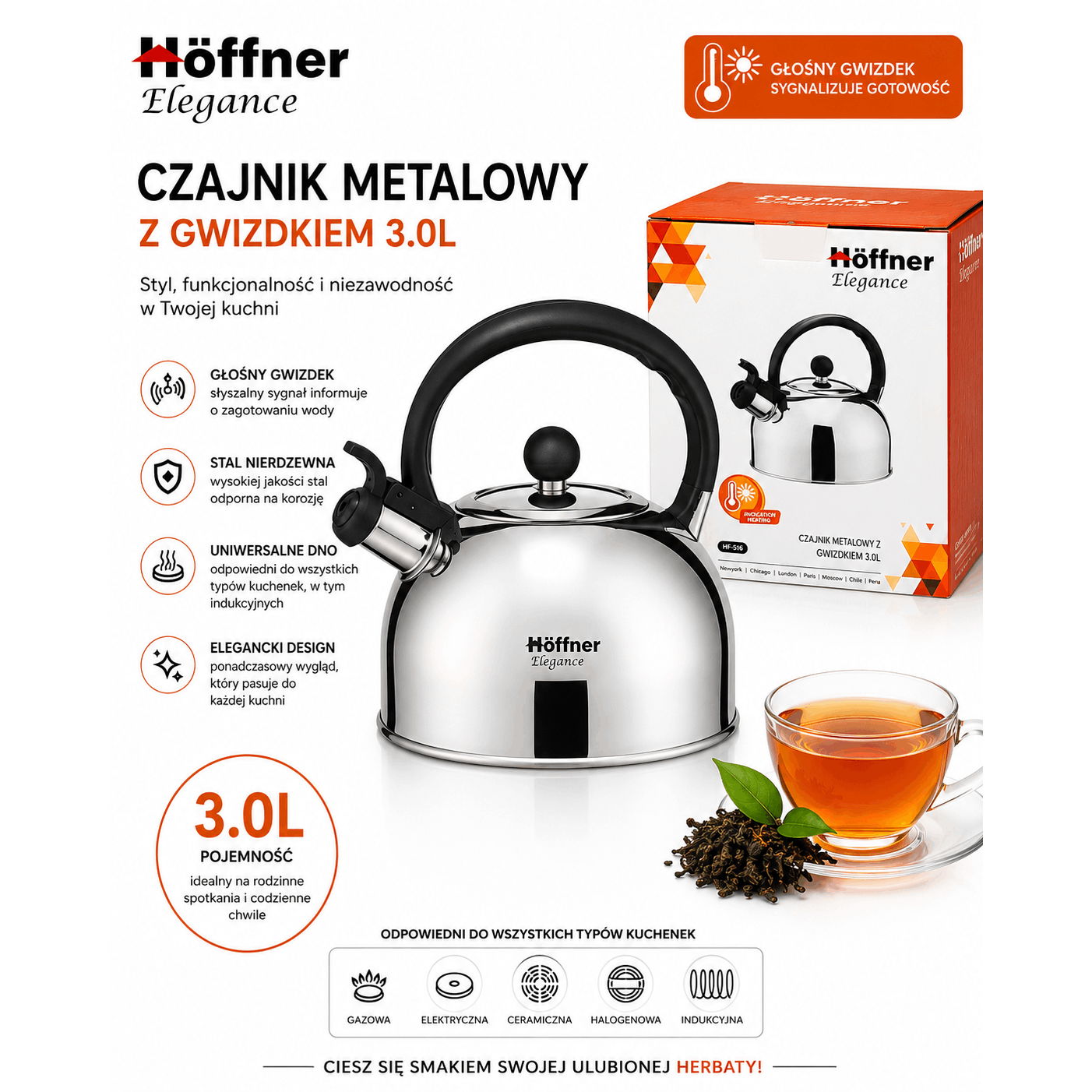 Czajnik z gwizdkiem tradycyjny indukcja gaz stal nierdzewna white/gray/black duzy 3 l: retailer-supplied image