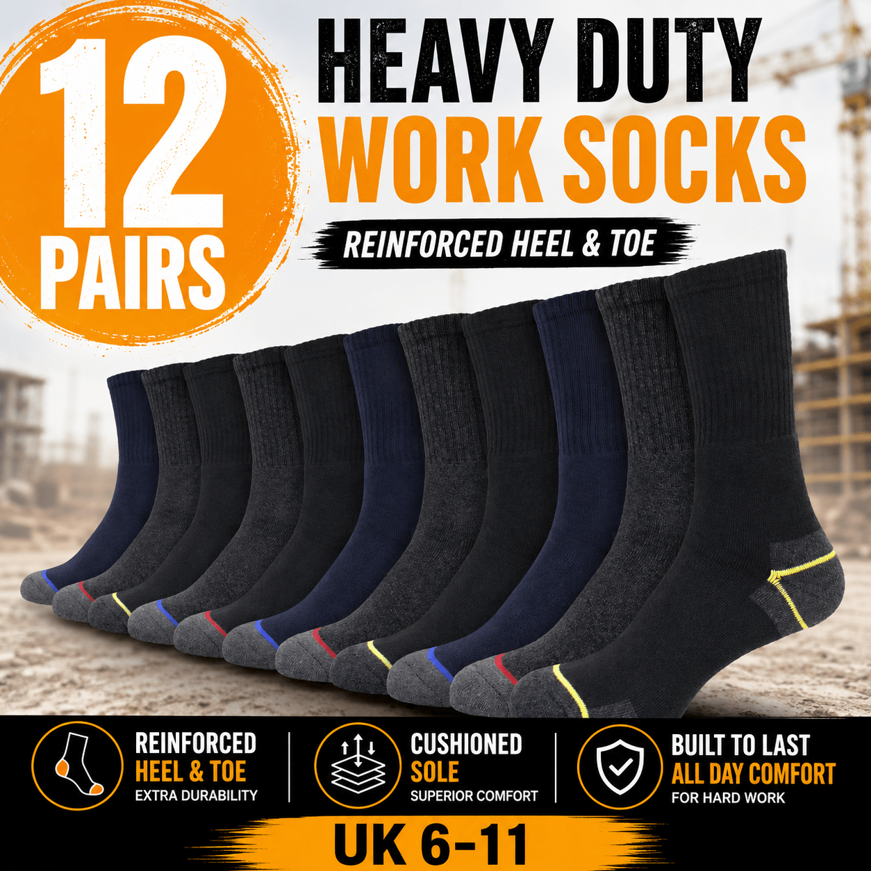 TEMU 12 Pairs Men's Heavy Duty Work Socks Uk 6-11 Cushioned Boot Socks Reinforced Heel & Toe Thick Crew Socks For Work Boots, , , Hiking & Everyday