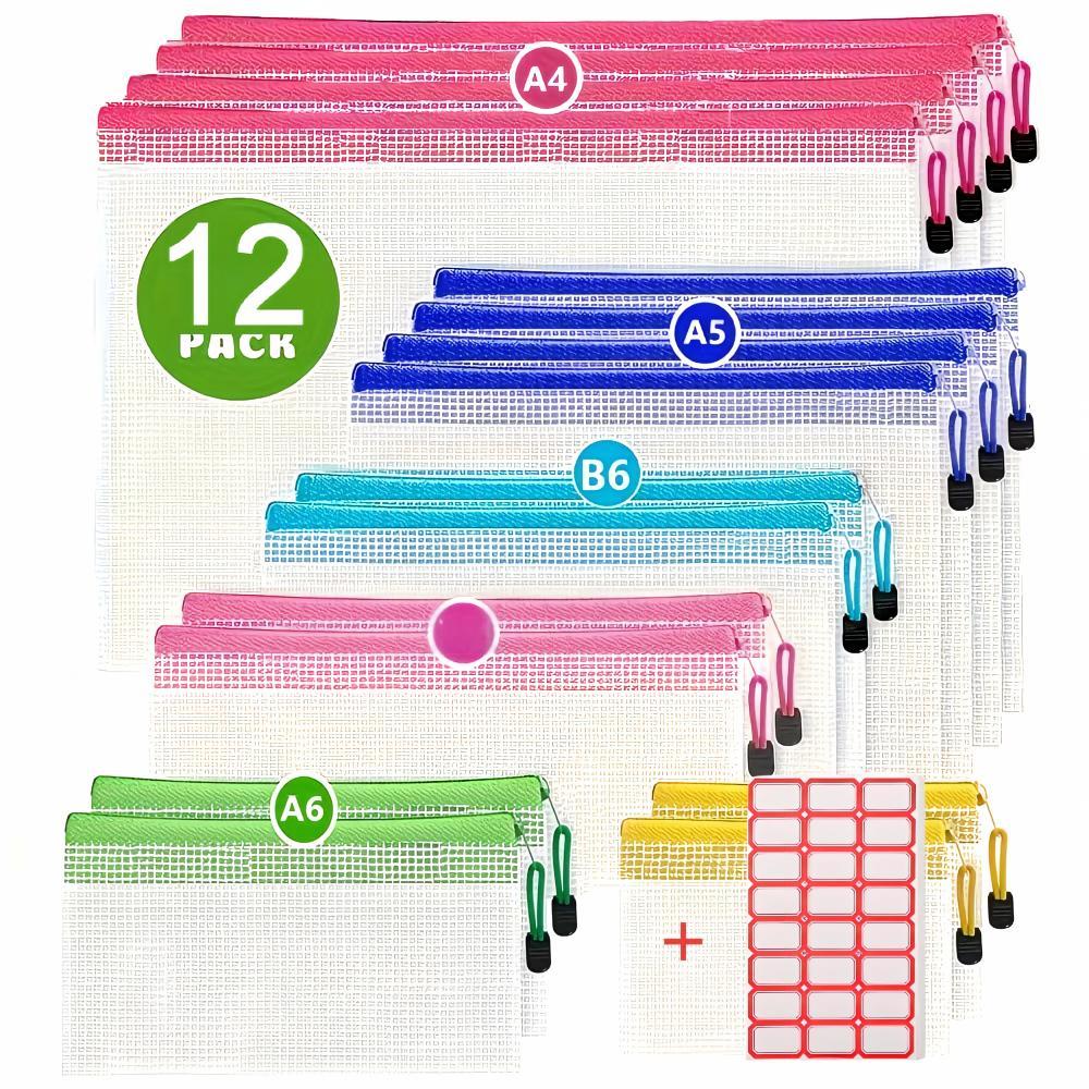 TEMU 12-pack Clear Mesh Zipper Pouches - 4 Sizes & Colors, And Handy Lables, Document/file Organizer Bags For School, Travel & Home