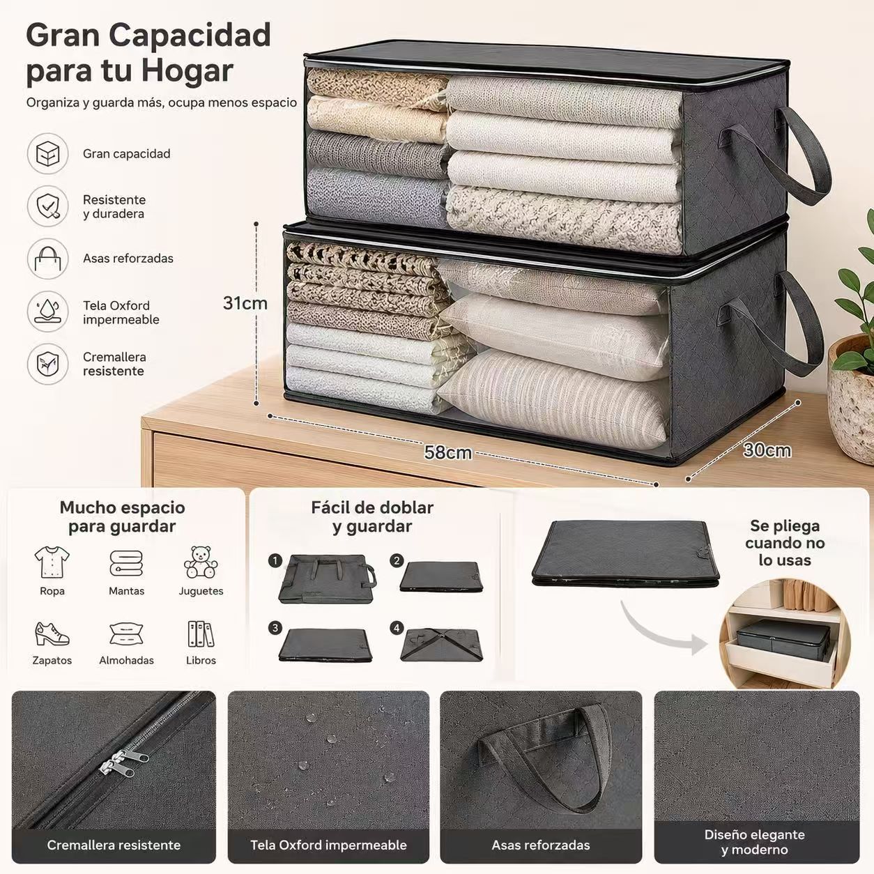 TEMU Organizador de Almacenamiento para Closet y Hogar | Cajas Plegables para Ropa, Cobijas, Toallas y Edredones | Ventana Transparente y Resistentes