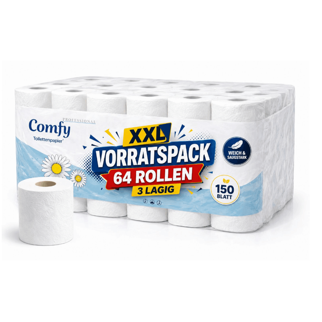 64 Rolls Toilet Paper - 1/2/3 -pack, Comfy, 3-ply, White , 150 Sheets Per Roll, High-quality Cellulose, Quickly, 1-piece, 2-piece, 3-piece