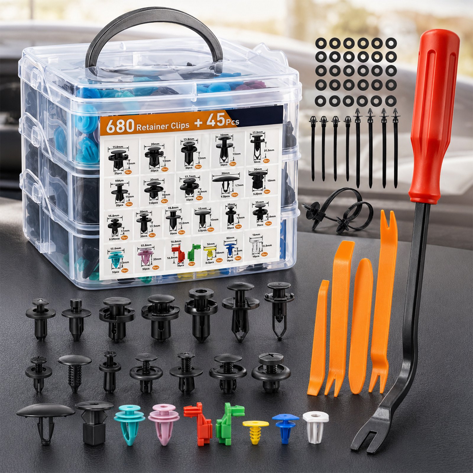TEMU Kit De 725 Piezas De Clips Para Coche, 680 Clips Universales + 45 Accesorios, Con Herramientas De Desmontaje De Molduras, Extractor De Clips Con