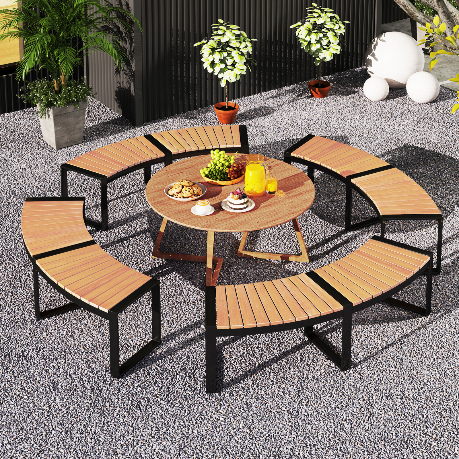 Image of Patio Curved Bench, Acacia Wood Fire Pit Bench W/ Slatted Seat & Metal Legs, Outdoor Backless 2-person Seating For Yard, Garden, Porch, 360 Kg , Oil Painted