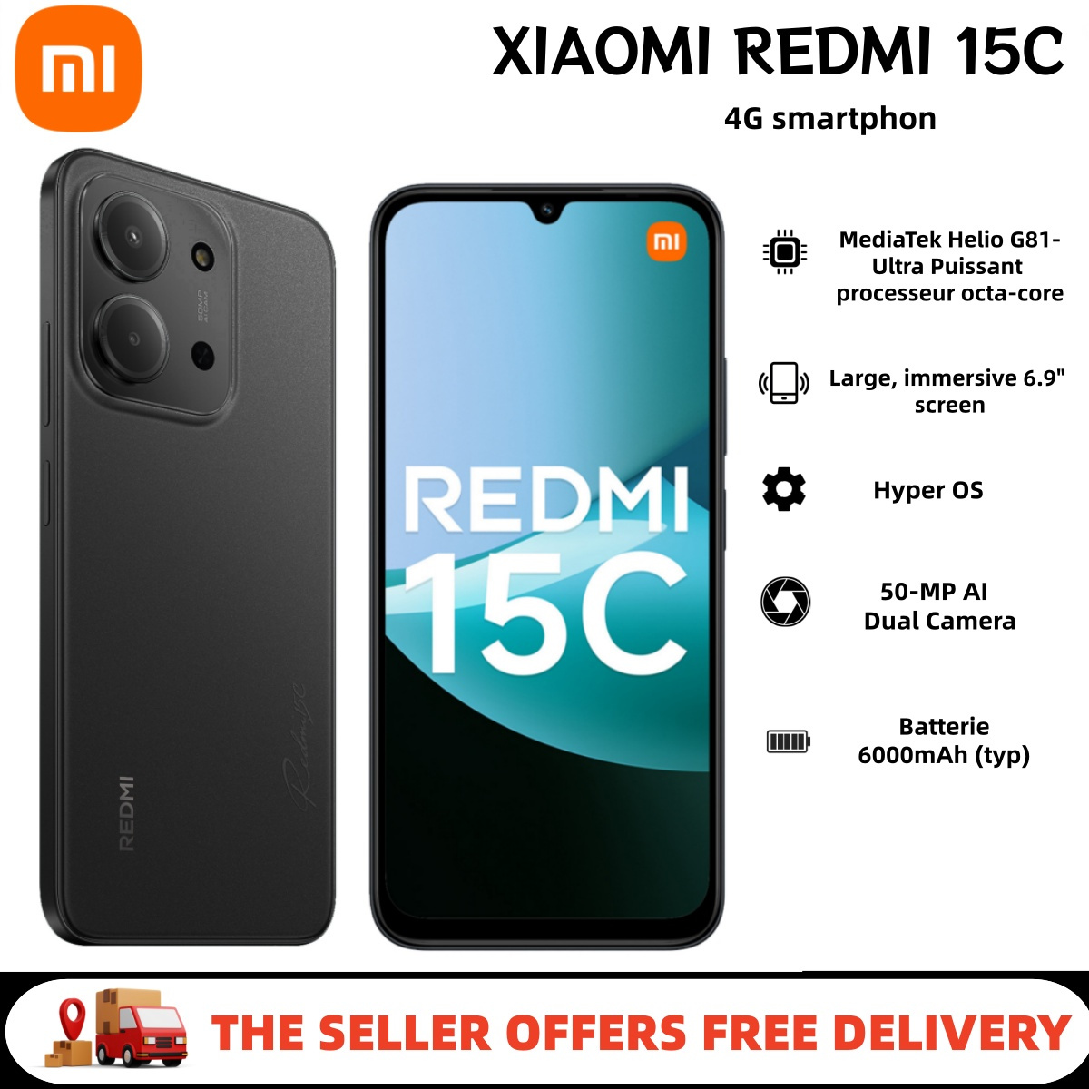 Xiaomi Redmi 15c 4g Smartphone, 4gb + 256gb Rom, 6.9-inch Display, 6000mah Battery, 50mp Camera, 120hz Refresh Rate (power Adapter Not Included)