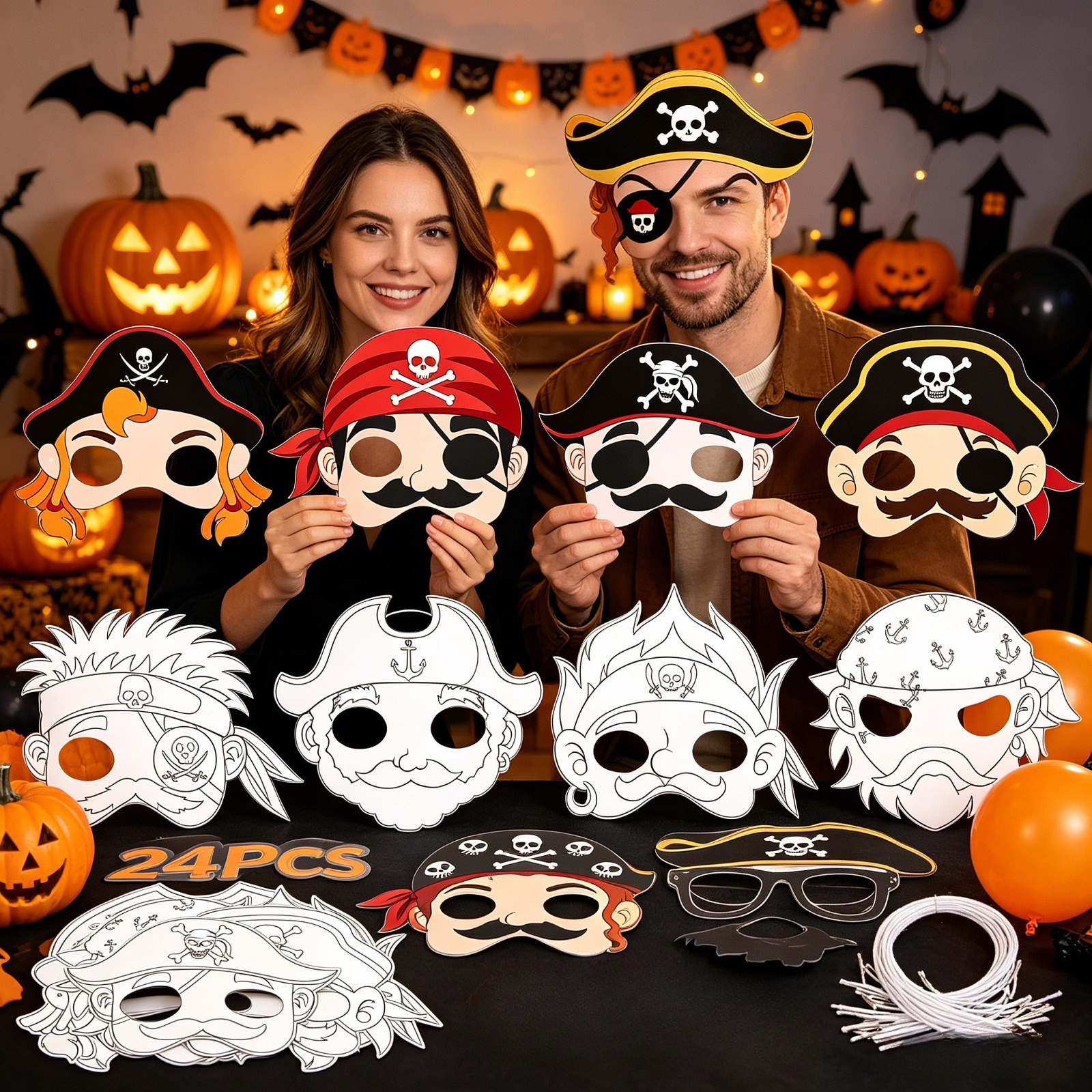 Diy Craft Set With 24 Pirate Masks Made Of Paper, 24 Rubber Bands & 2 Paintbrushes - Party Accessory Set