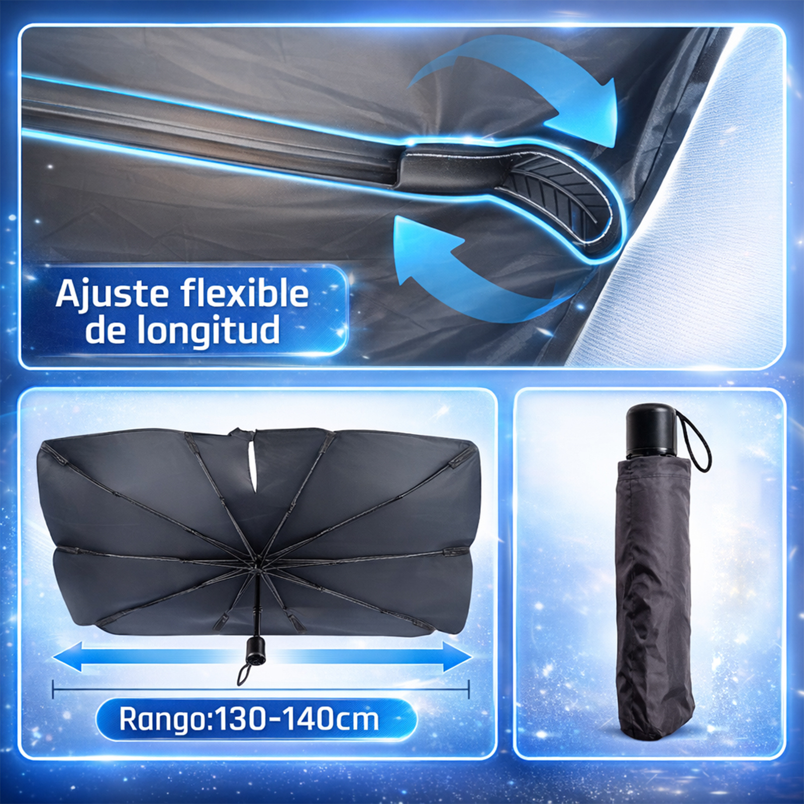 TEMU Parasol Coche Parabrisas Ajustable 130-140cm | Diseño Patentado, UPF50+ 99% UV, sin Huecos, Cae, Bolsa