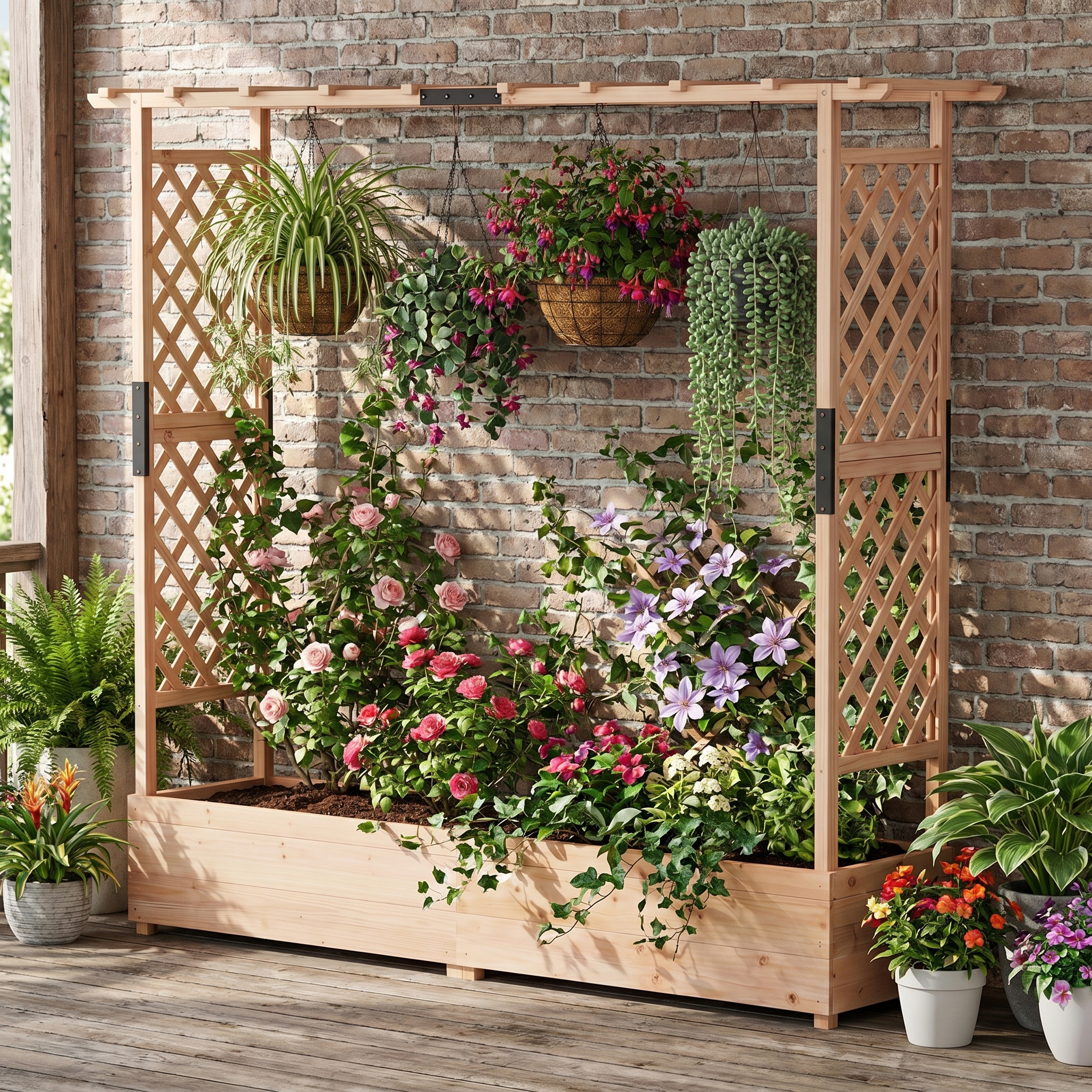 Image of Wooden Planter With Trellis For Climbing Plants, Outdoor Raised Vegetable Bed With Drainage Holes And Removable Bottom Panels, Ideal For Gardens, And Patios