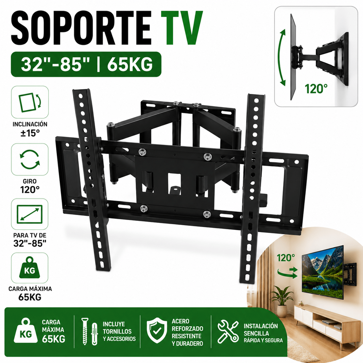 TEMU Soporte de Pared para TV 32-85 Pulgadas, Giratorio 120°, Inclinación ±15°, Capacidad 65KG, Compatible con VESA, Tornillos de