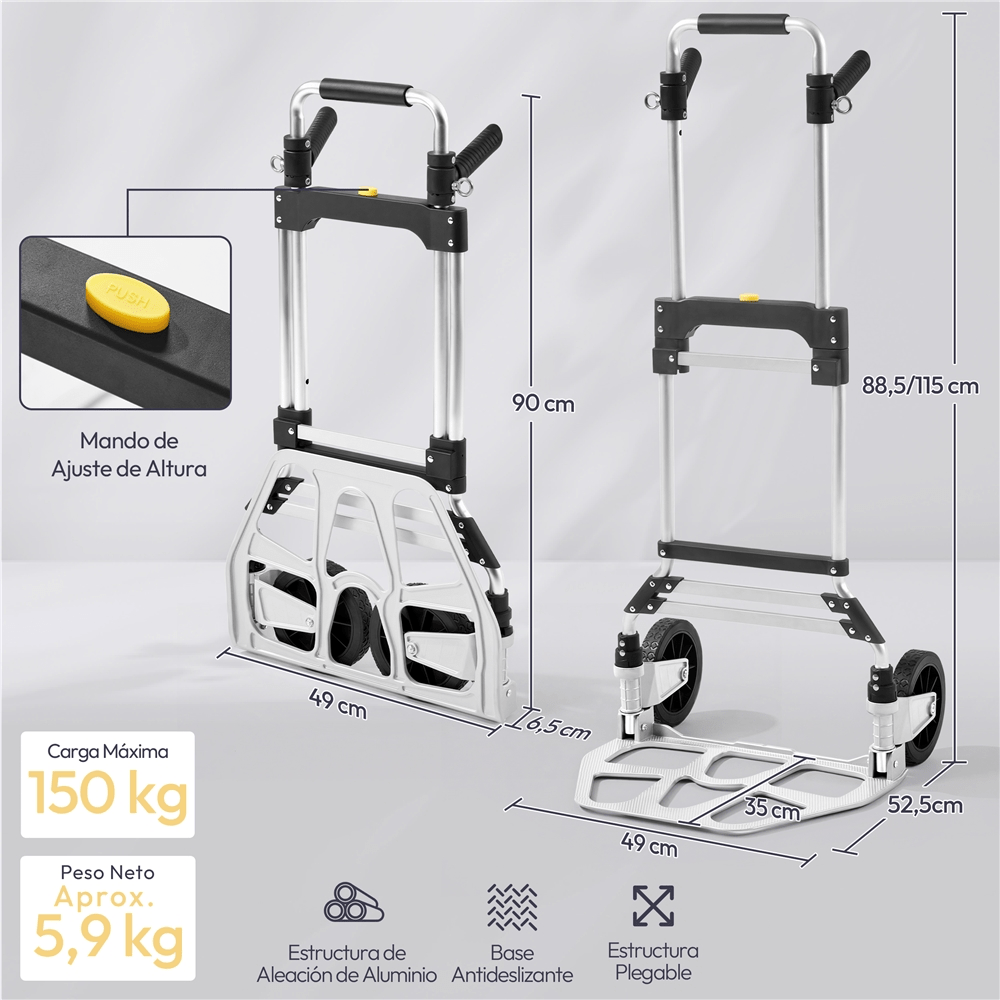 TEMU Costoffs Carrito de Plegable de Aluminio 150 kg, Carro de Transporte con Asa Ajustable Guantes, Plataforma para Mudanzas, Carga, Compras y