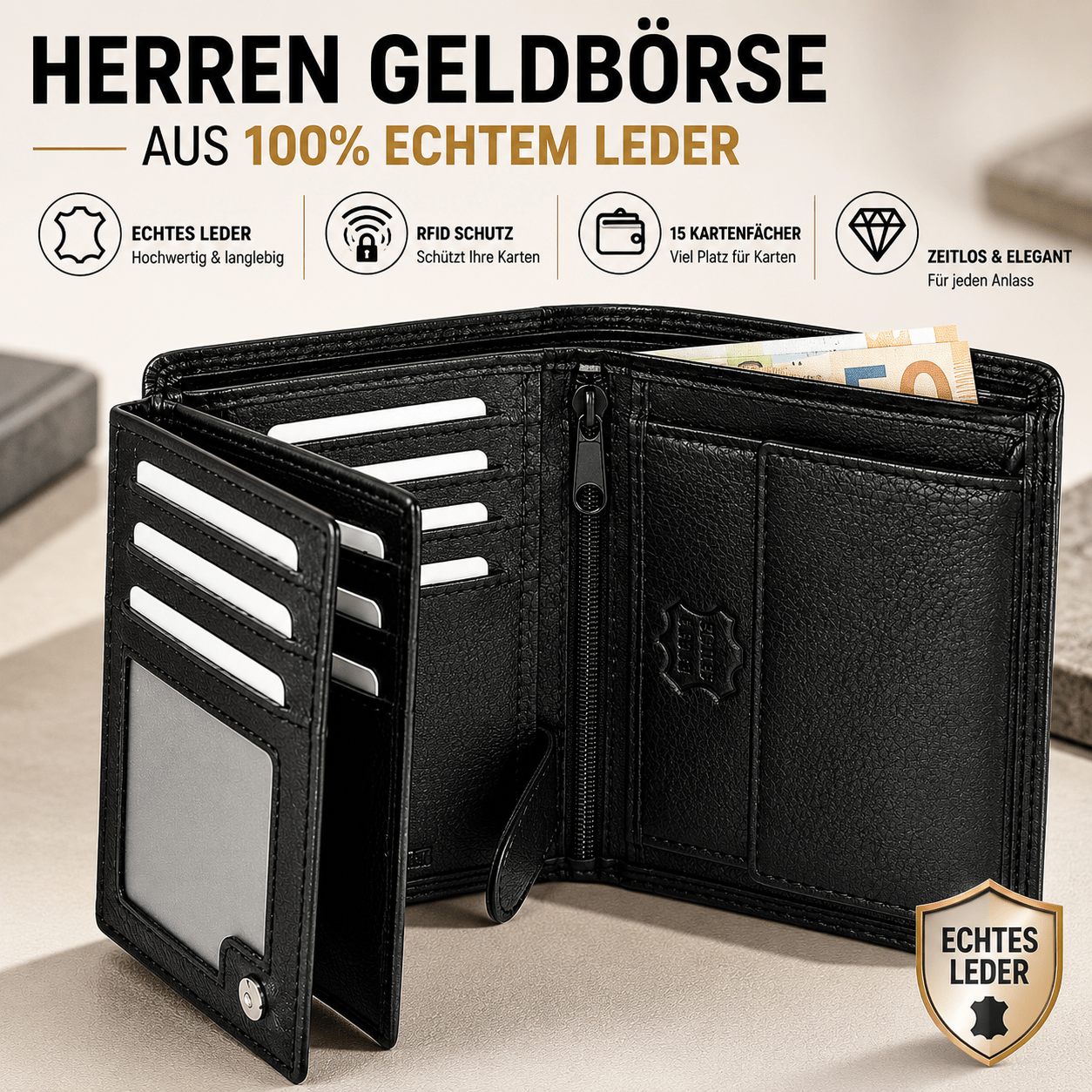 Men's Leather Wallet With Rfid Protection, 15 Card Slots, High-format Wallet With Coin Compartment, Black