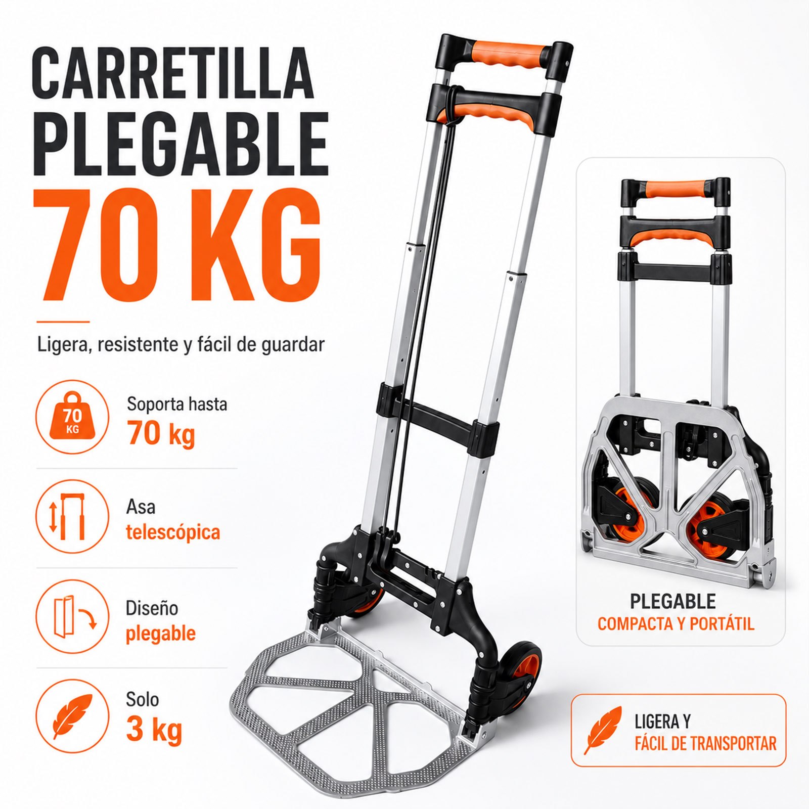 TEMU Plegable 70KG de Aluminio, Carrito de con Asa Telescópica 98,5 cm, Ruedas PVC, Base Antideslizante y Cuerda Elástica, para Compras, Cajas,
