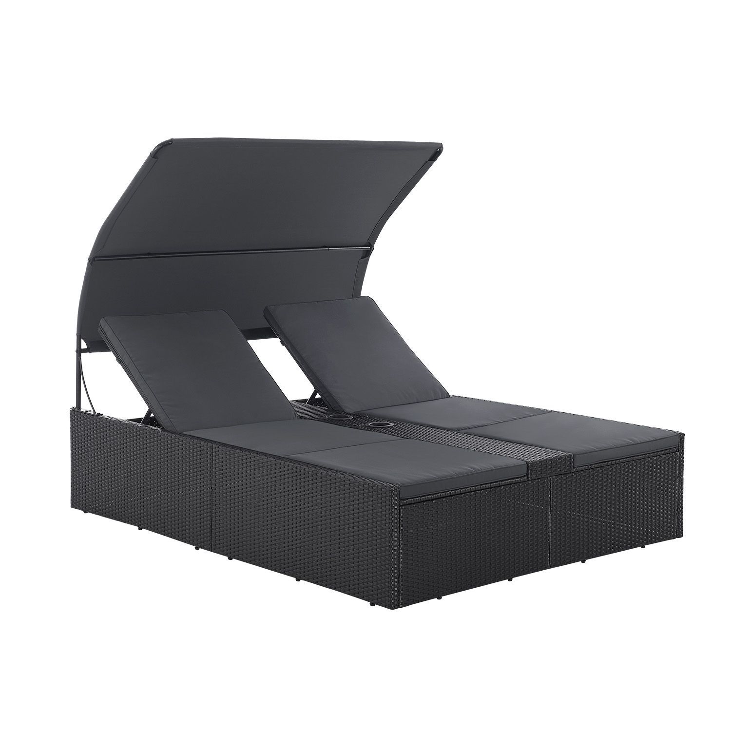 Image of Polyrattan Lounger Garden Sun Lounger For 2 People Outdoor Lounger With Roof & Cushions Headrest Adjustable Black