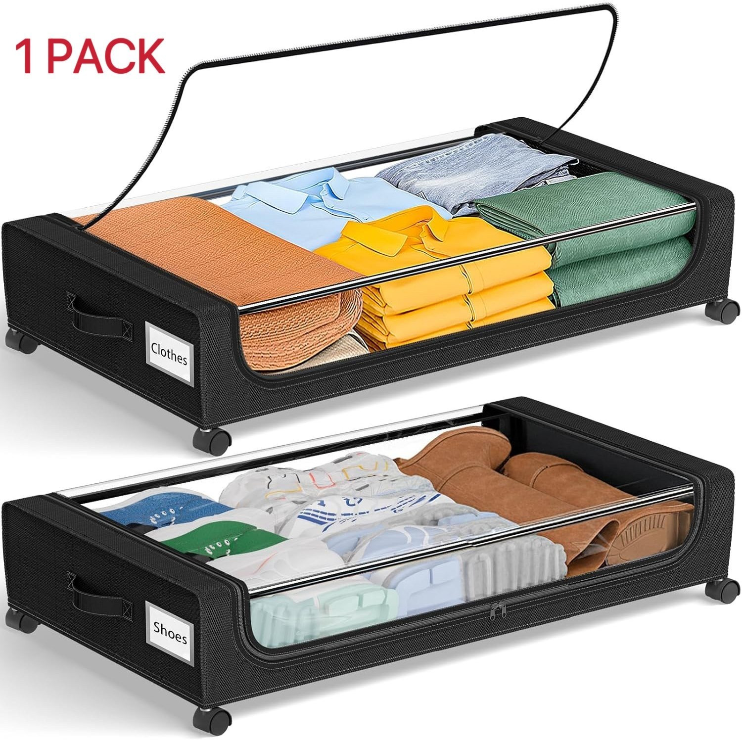 Under Bed Storage With Wheels, Underbed Storage Containers With Clear Lids - Rolling Drawers & Bins For Shoes Clothes In Dorm Bedroom - Space- -out For Shoes, Clothes, Books, Black 1-pack