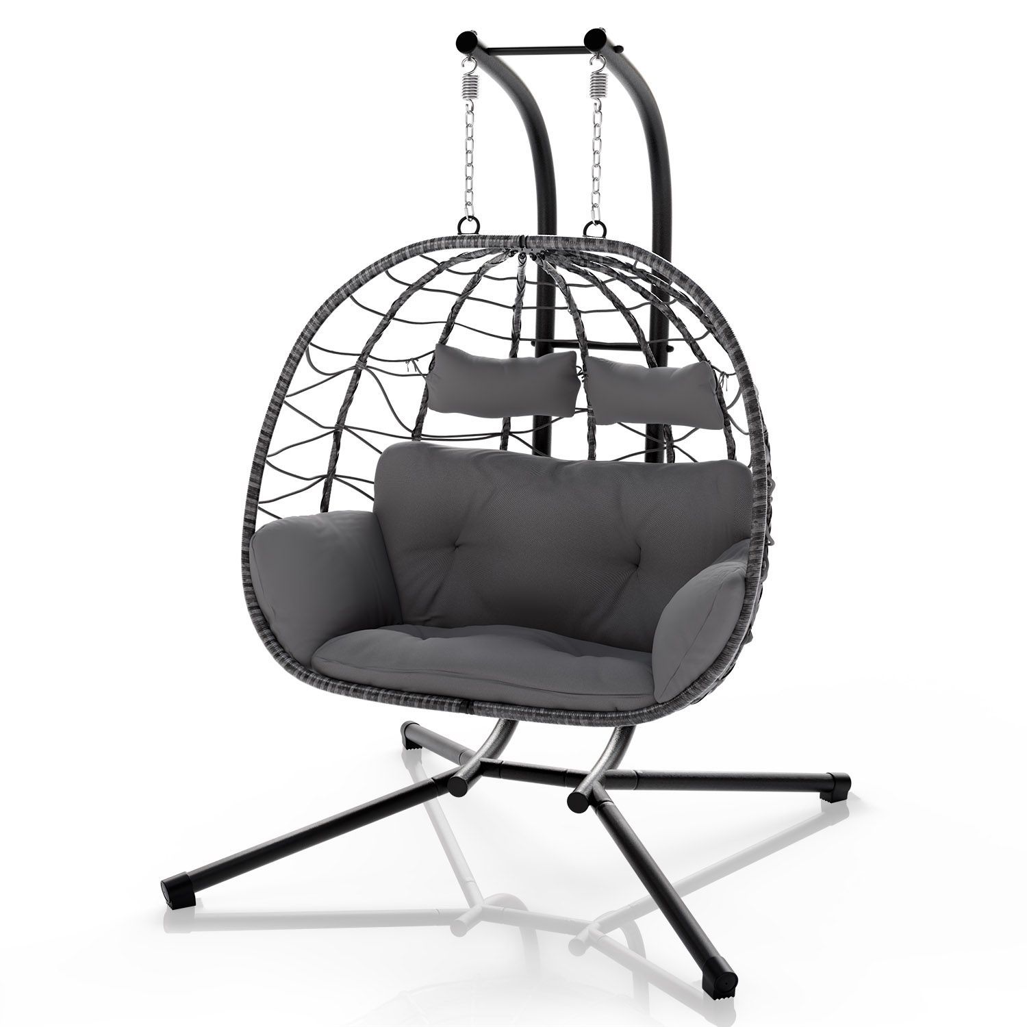 Image of Double Hanging Chair Aria Poly Rattan Hanging Chair With Frame & Cushion Swing For 2 People Outdoor Indoor Chair Xxl Basket Gray