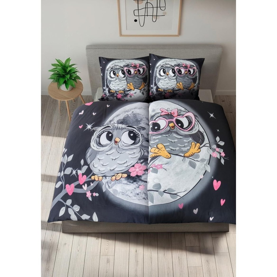 Image of Partner Bedding Set 4-piece Owl Love Heart Microfiber 135x200 Cm Cozy Bedding With Zipper, 2 Duvet Covers, 2 Pillowcases