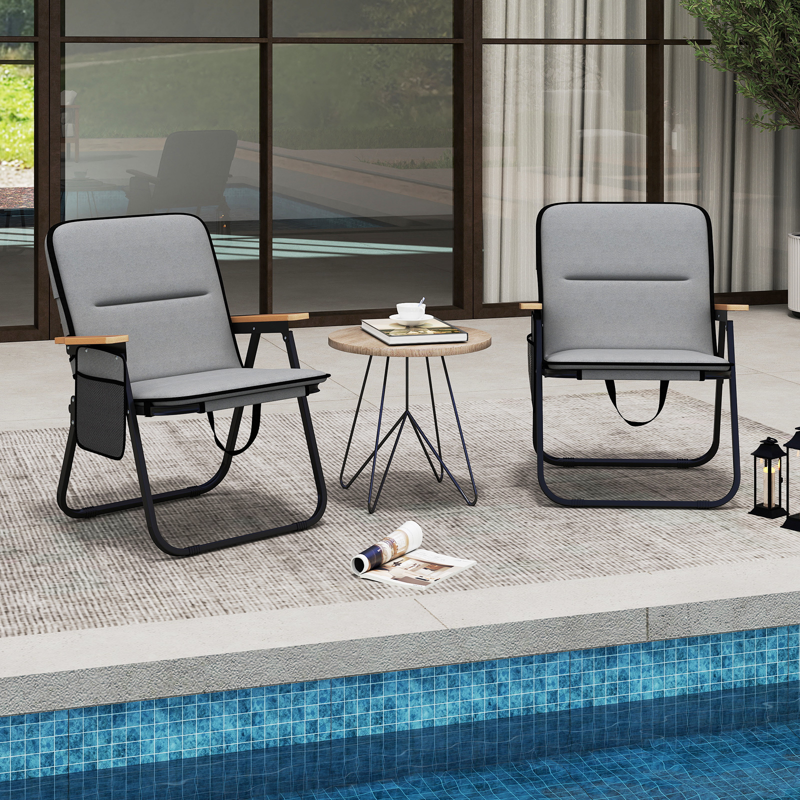Set Of 2 Camping Chairs, Foldable Fishing Chairs With Adjustable Backrest, Smooth Wooden Armrests And Padded Cushions
