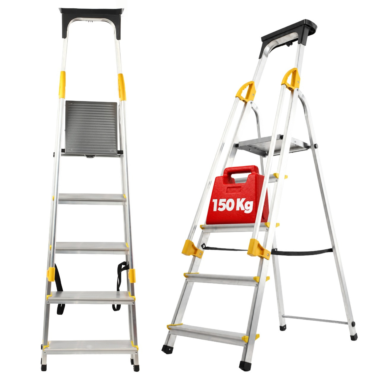 Kadax 5-step Folding Aluminum Household Ladder With Handrails And Hook, 150 Kg Capacity