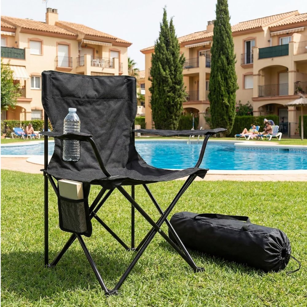 TEMU Silla Plegable de Camping Negra con Respaldo y Reposabrazos 48x49x80 cm, Portavasos y Bolsillo, Ultraligera Portátil para Playa, Pesca, Jardín y