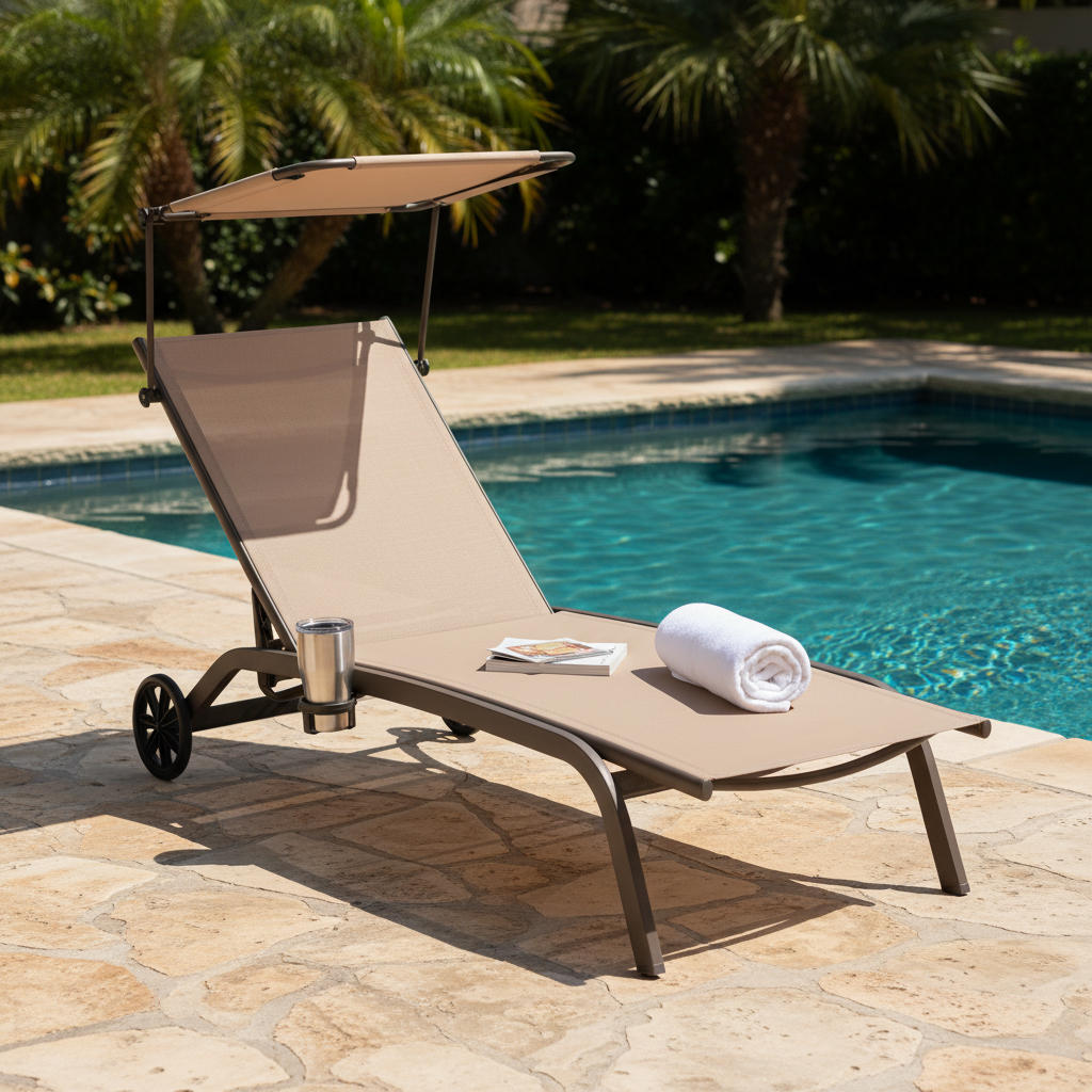 Image of Outdoor Adjustable Lounge Chair With 6-position Reclined Backrest, Adjustable Shade Canopy, Cup Holder, Portable Wheels, Brown