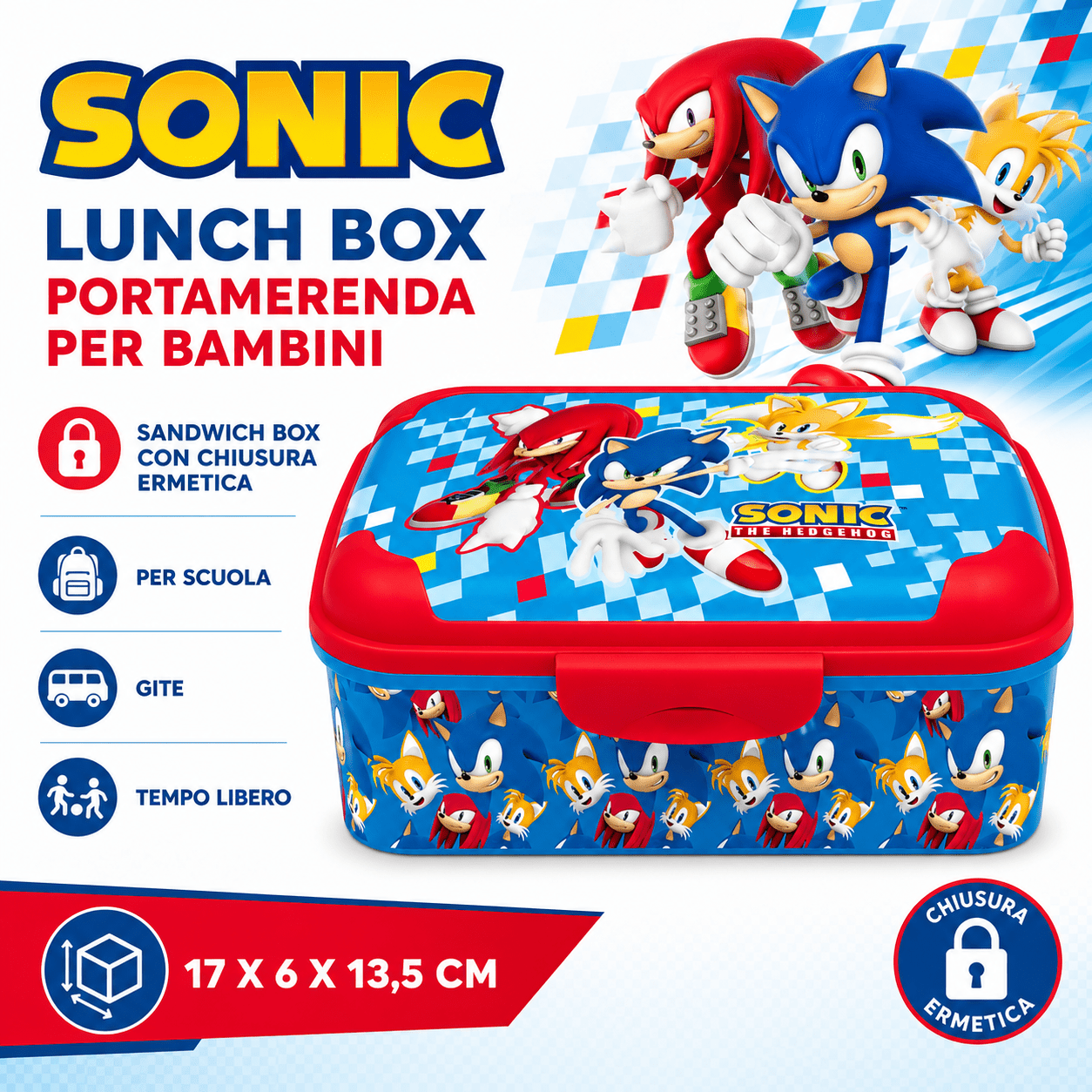 TEMU SONIC LUNCH BOX PORTAMERENDA PER BAMBINI �� SANDWICH BOX CON CHIUSURA PER SCUOLA, GITE , 17 X 6 X 13,5 CM