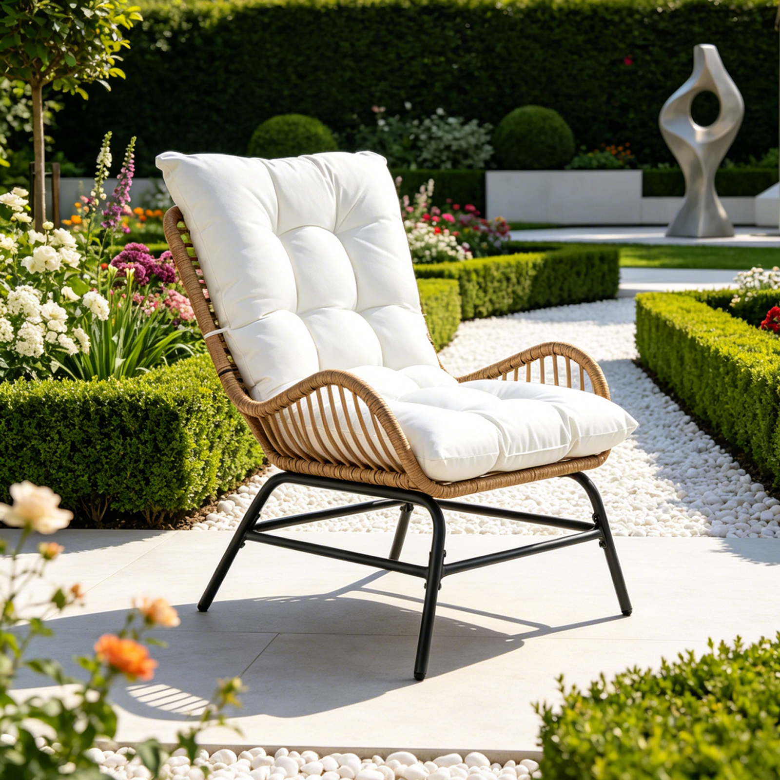 Image of Garden Chair Made Of Pe Rattan, Balcony Chair With Cushion, Recliner Chair With Armrests And Ergonomic Backrest