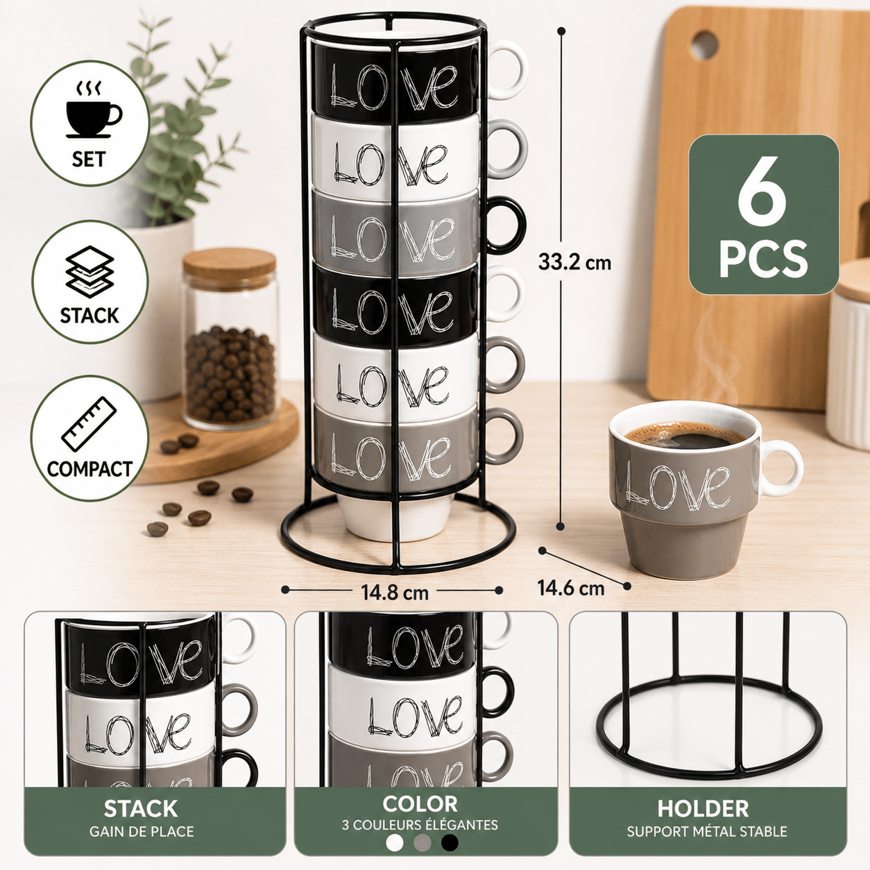 Image of Set Of 6 Stackable Coffee Cups 260 Ml With Metal Stand - White And Gray Pattern - Ceramic Cups For Coffee, Tea And Cappuccino