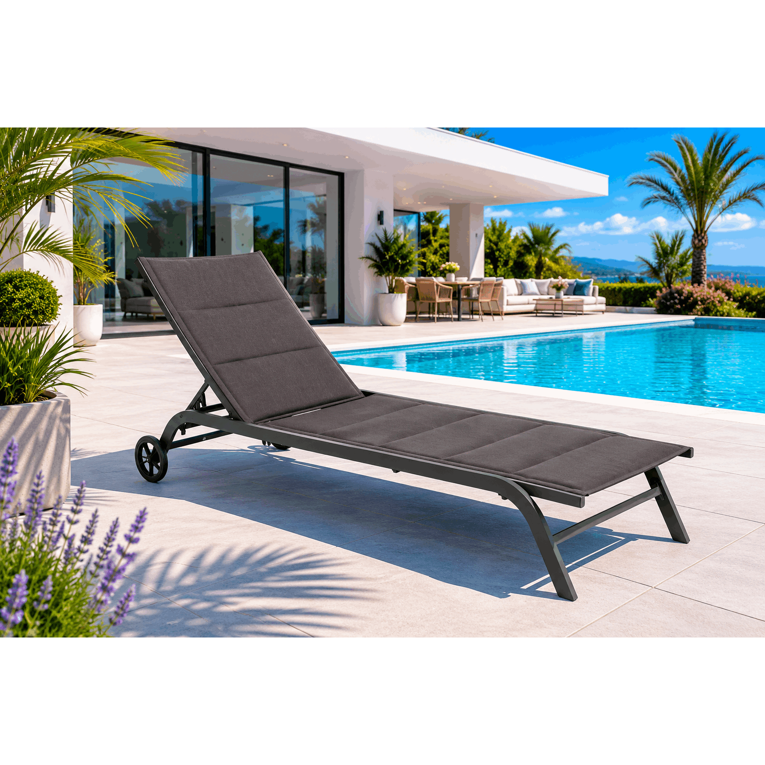 Image of Rolling Lounge Chair With Cushioning & Wheels – Adjustable Garden Lounge Chair Made Of Steel And Textile Fabric, Weather-resistant, Gray/dark Gray