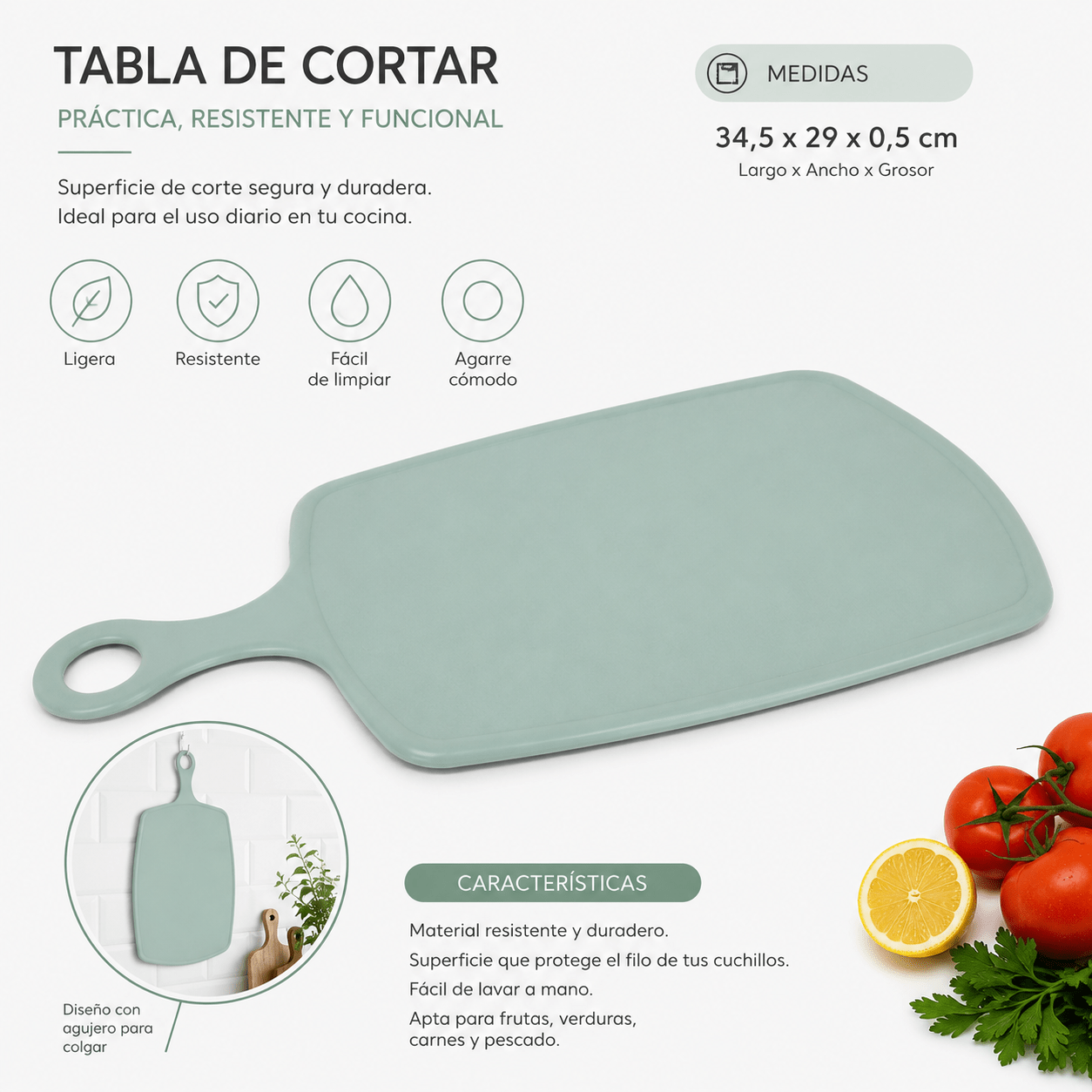 TEMU Tabla de Cortar de Cocina con Asa, 34,5 x 29 x 0,5 cm, Antideslizante, Fácil de Limpiar, para Frutas, Verduras, Carne y Pescado –