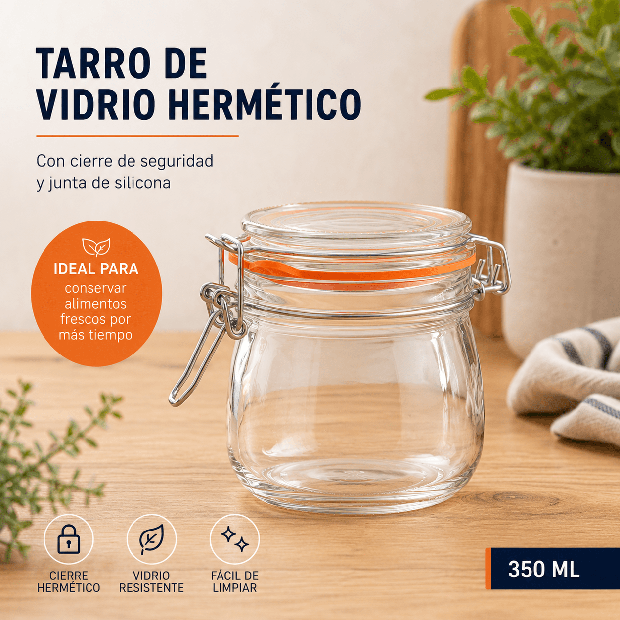 TEMU Tarro de Vidrio Hermético 350/500 ml con Cierre Metálico para Conservación de Alimento