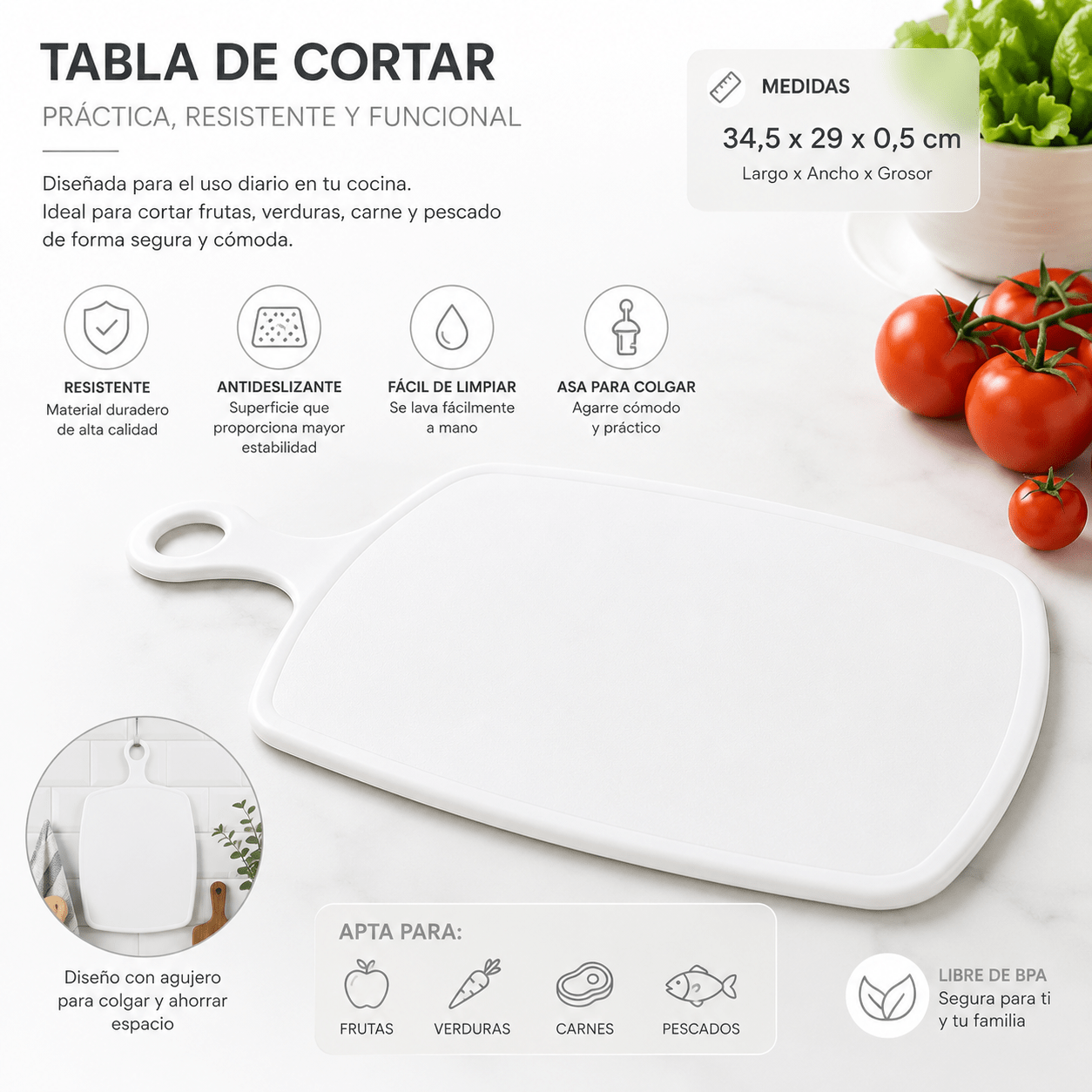 TEMU Tabla de Cortar de Cocina con Asa, 34,5 x 29 x 0,5 cm, Antideslizante, Fácil de Limpiar, para Frutas, Verduras, Carne y Pescado –
