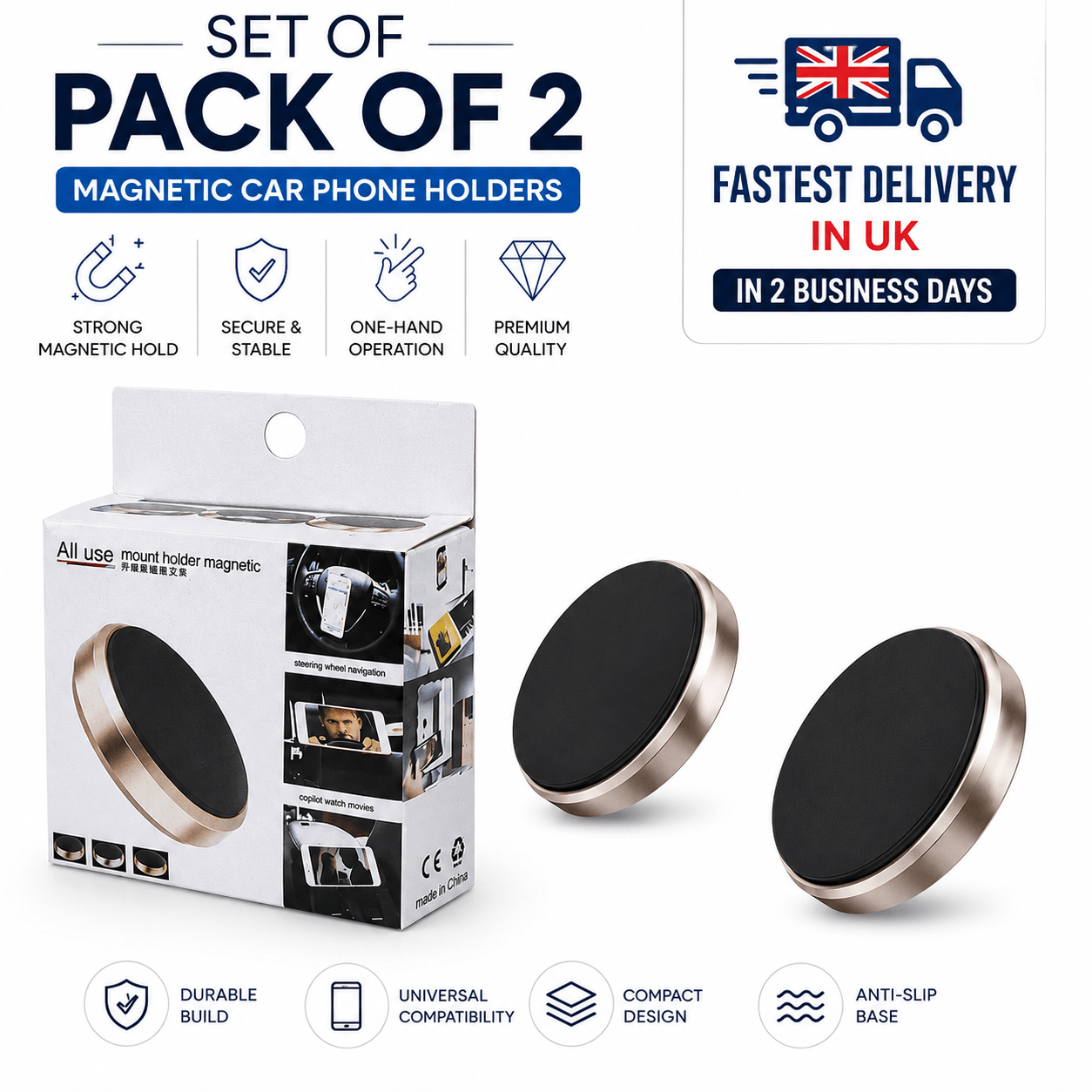 TEMU Pack Of 2 Magnetic Car Phone Holders – Universal Dashboard & Car Vent Magnetic Mount For Smartphones, Gps & Driving