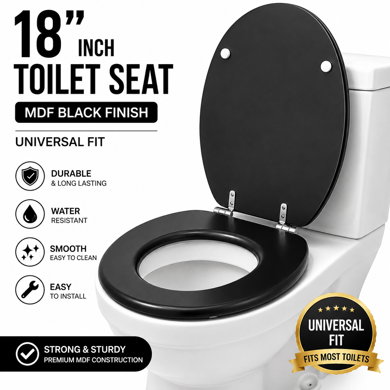 TEMU 45cm (18 Inch) Mdf Toilet Seat Black Finish Universal Bathroom Seat, Durable Hinges, Replacement Toilet Seat For Modern Home Bathroom Use
