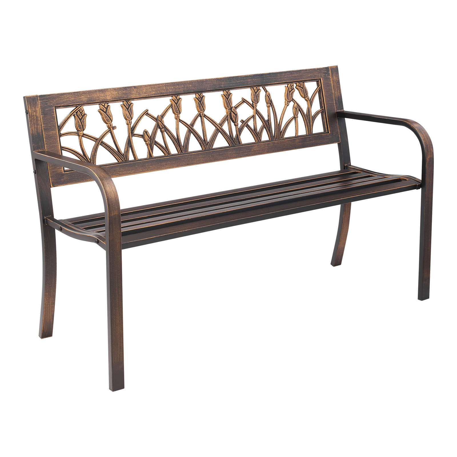 Image of Vevor Outdoor Bench, 127 Cm, Carbon Steel Metal Frame With Pvc Floral Pattern Backrest And Round Edge Armrests, Outside Bench For Patio, Garden, Park, Yard, Front Porch, Antique Bronze