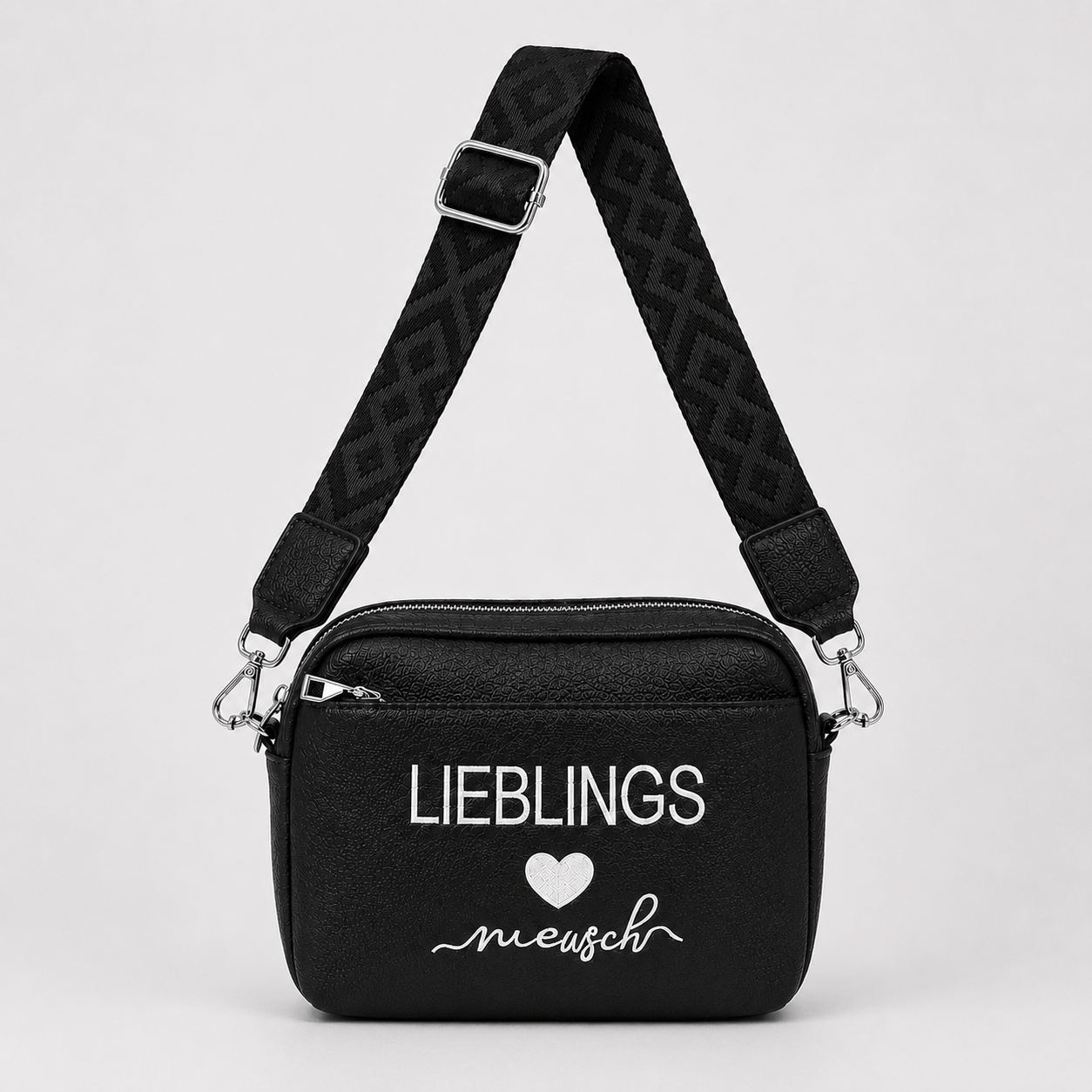 TEMU Damen Umhängetasche „Lieblingsmensch" – Crossbody Bag mit breitem Boho-Gurt | Kunstleder | 25 Farben | Geschenk für Frauen