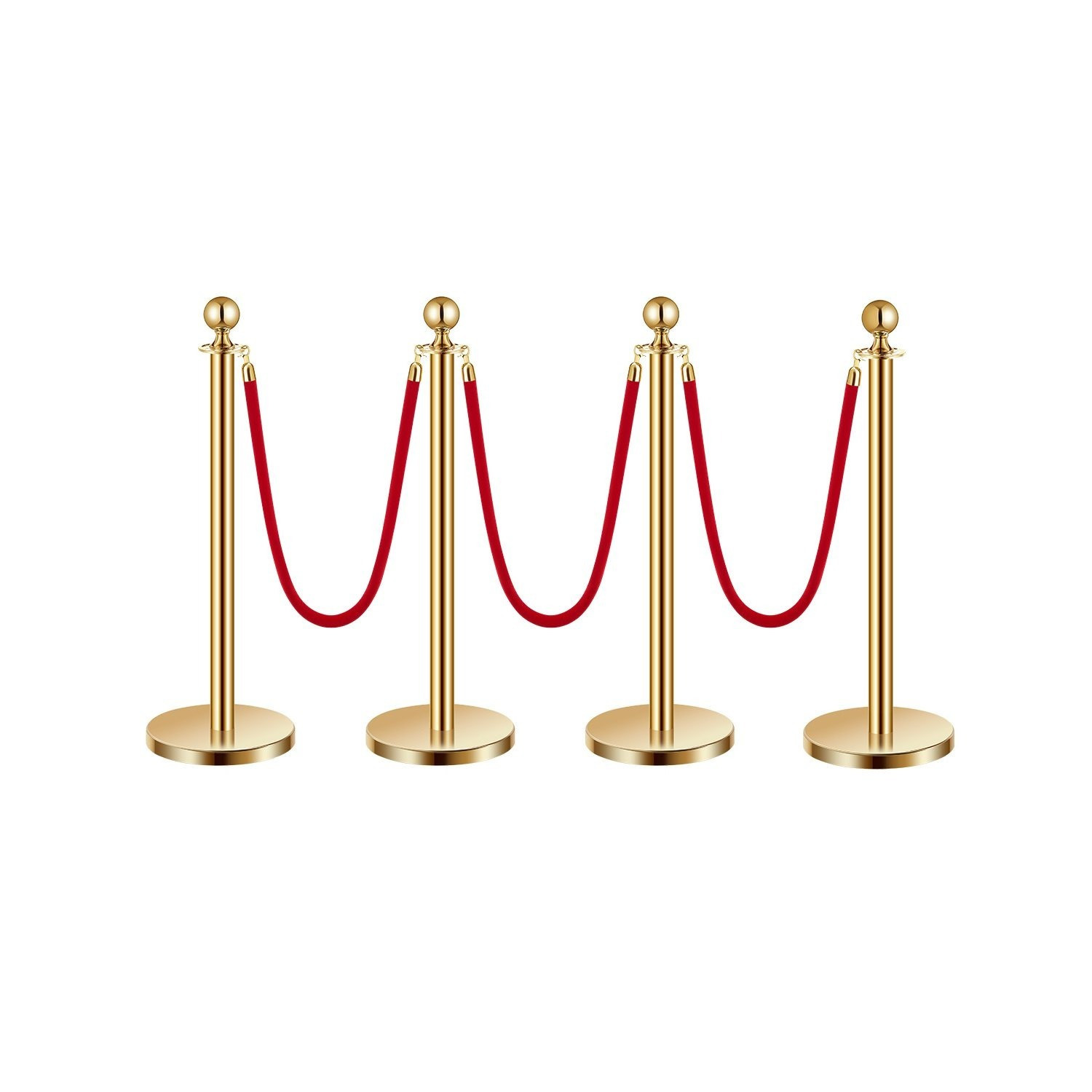 Image of Vevor Post, 4 Pcs Barrier Set With 3 Red Velvet Ropes, 5 Ft Stainless Steel Gold Post Queue With Sand Injection Hollow Base For Theater, Party, Wedding, Exhibition