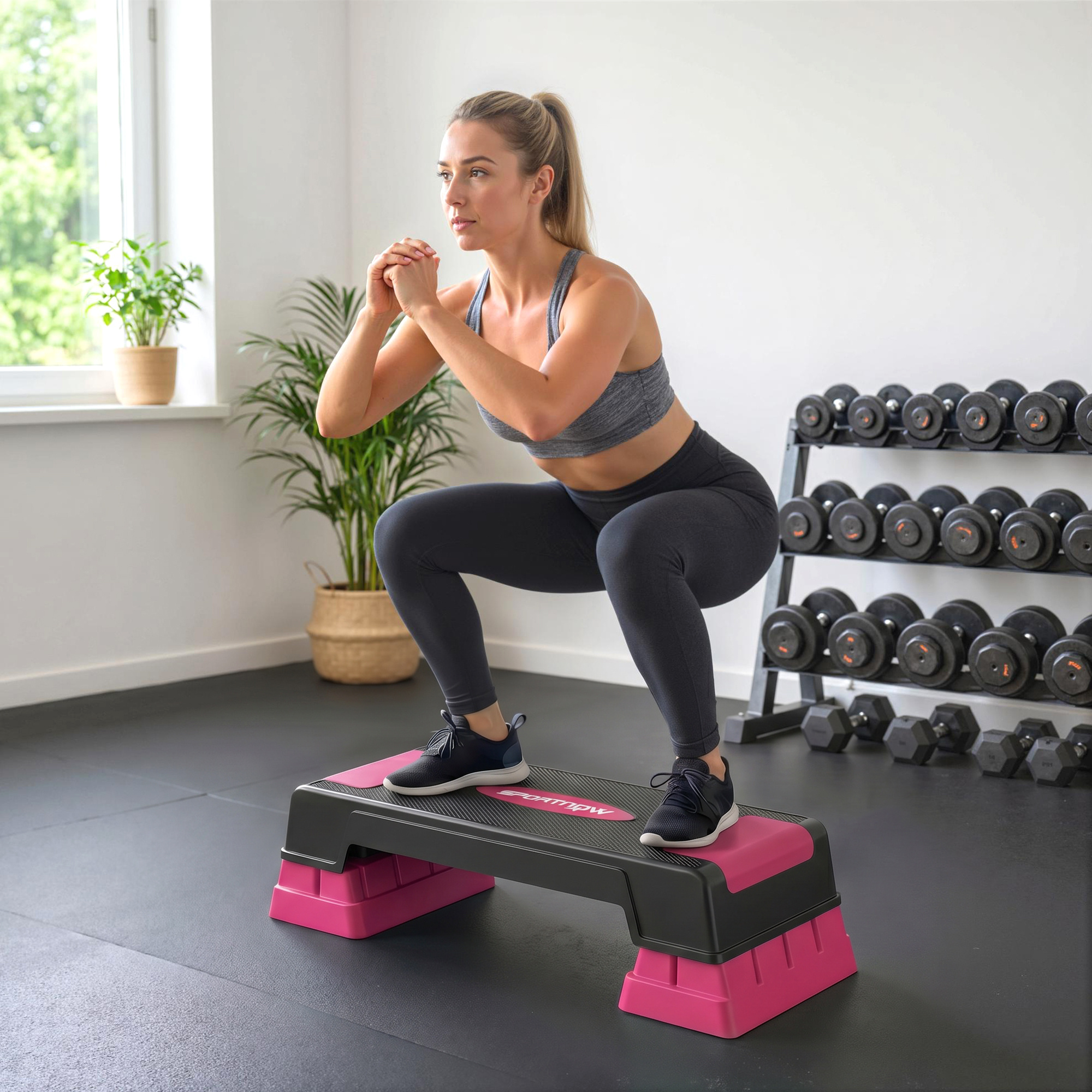 Adjustable Height Fitness Aerobic Stepper With 3 Steps (12/17.5/22.5 Cm), Non-slip Mat, Slip-resistant Step Bench For Home Office Black+pink