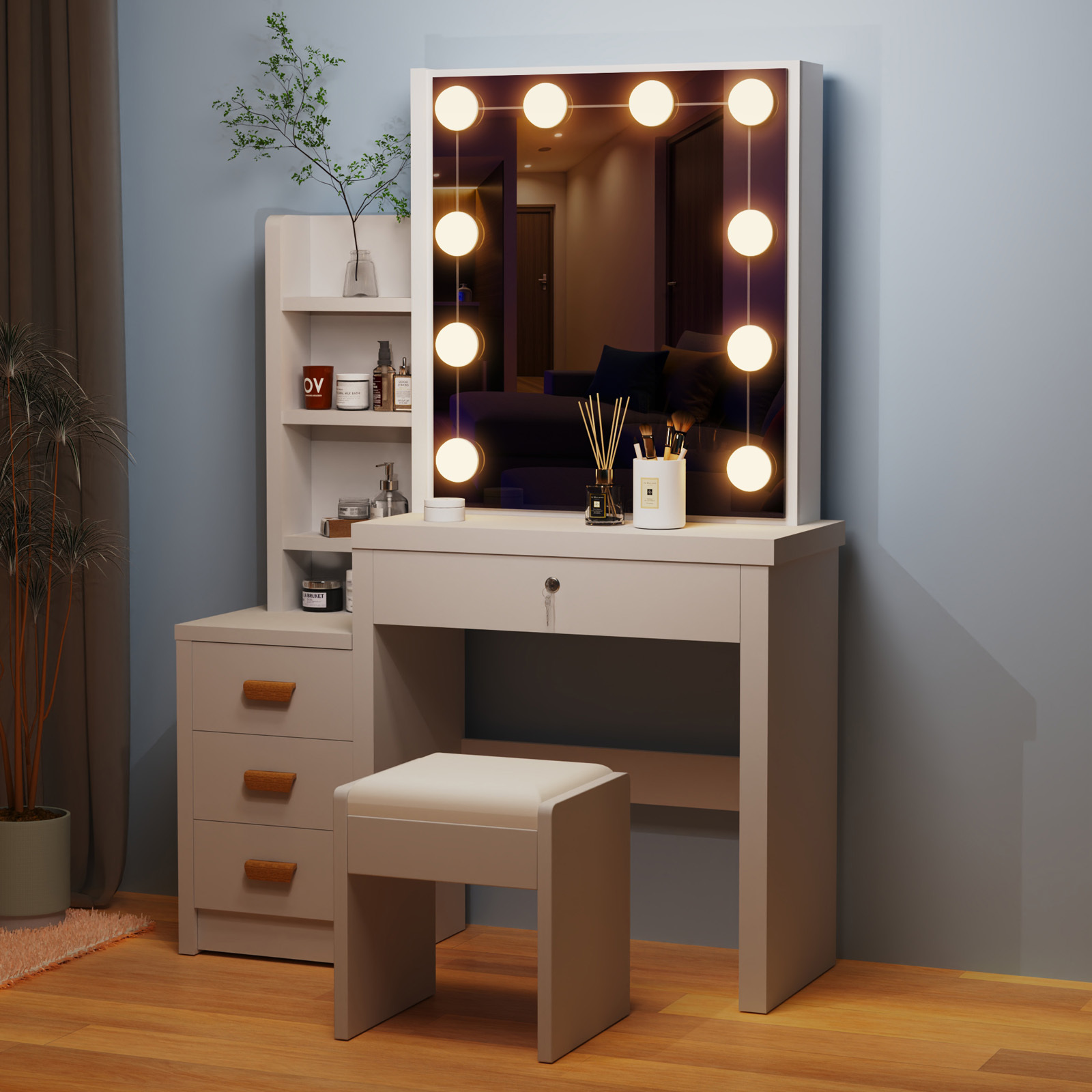 Image of Makeup Table Set With Mirror And Stool, Makeup Table With 10 Led Lights, Adjustable Brightness, Cosmetic Table With 4 Drawer Dresser, Modern Dressing Table For Bedroom, 80 X 36 X 135 Cm, White.
