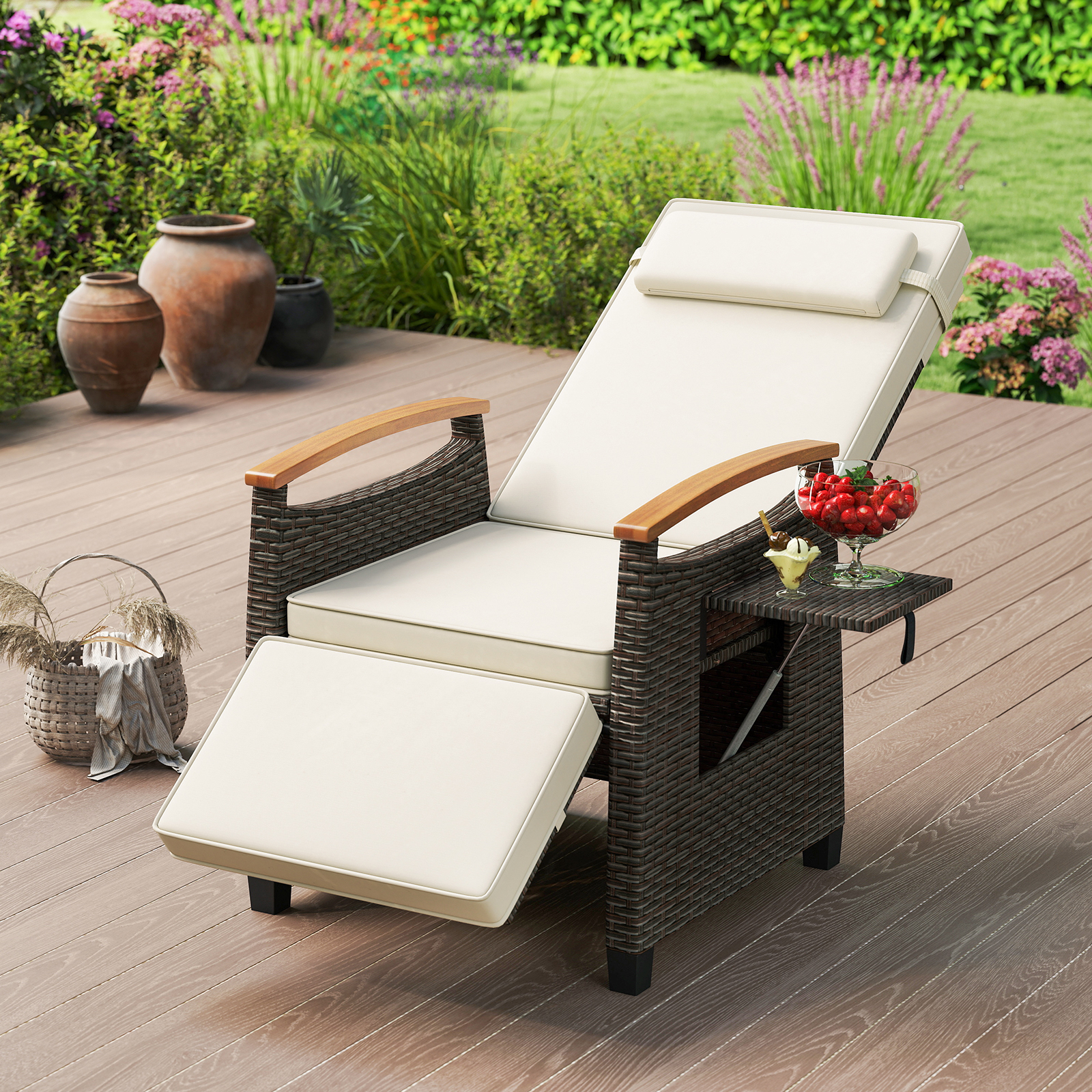 Lounge Chair, Outdoor Chair With Adjustable Backrest Footrest, Foldable Side Table, Padded Seat, Headrest, Relaxing Sun Lounger