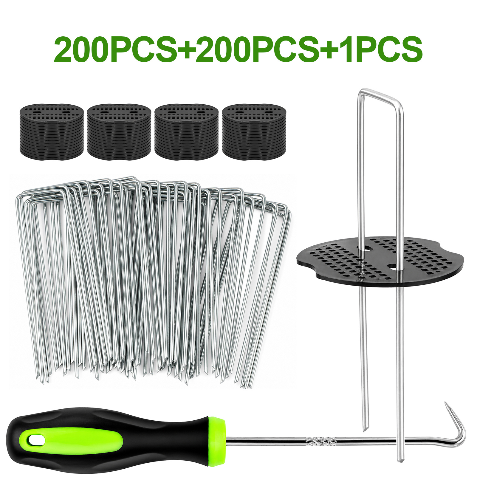 Image of 401-piece Lawn Nail Set (u-shaped): 200 Plastic Fastening Washers + 200 Garden Clips + 1 Hook. The U-shaped, Galvanized Landscape Nails Are Ideal For Securing Lawns And Textiles