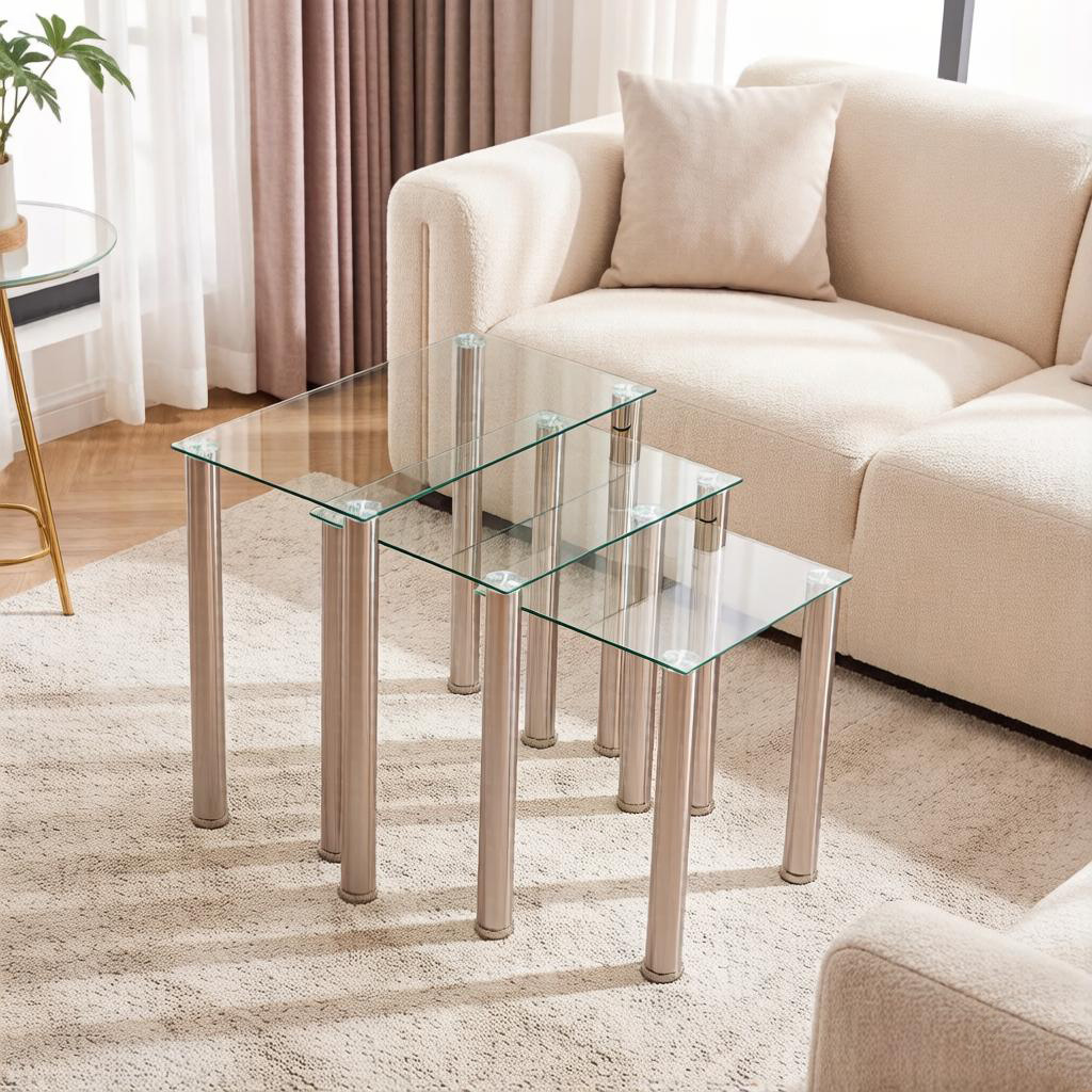 Image of Nesting Tables Set For Living Room, Tempered Glass Nest Of 3 Tables Sofa Side Table Coffee End Table, Modern Furniture For Home Decoration
