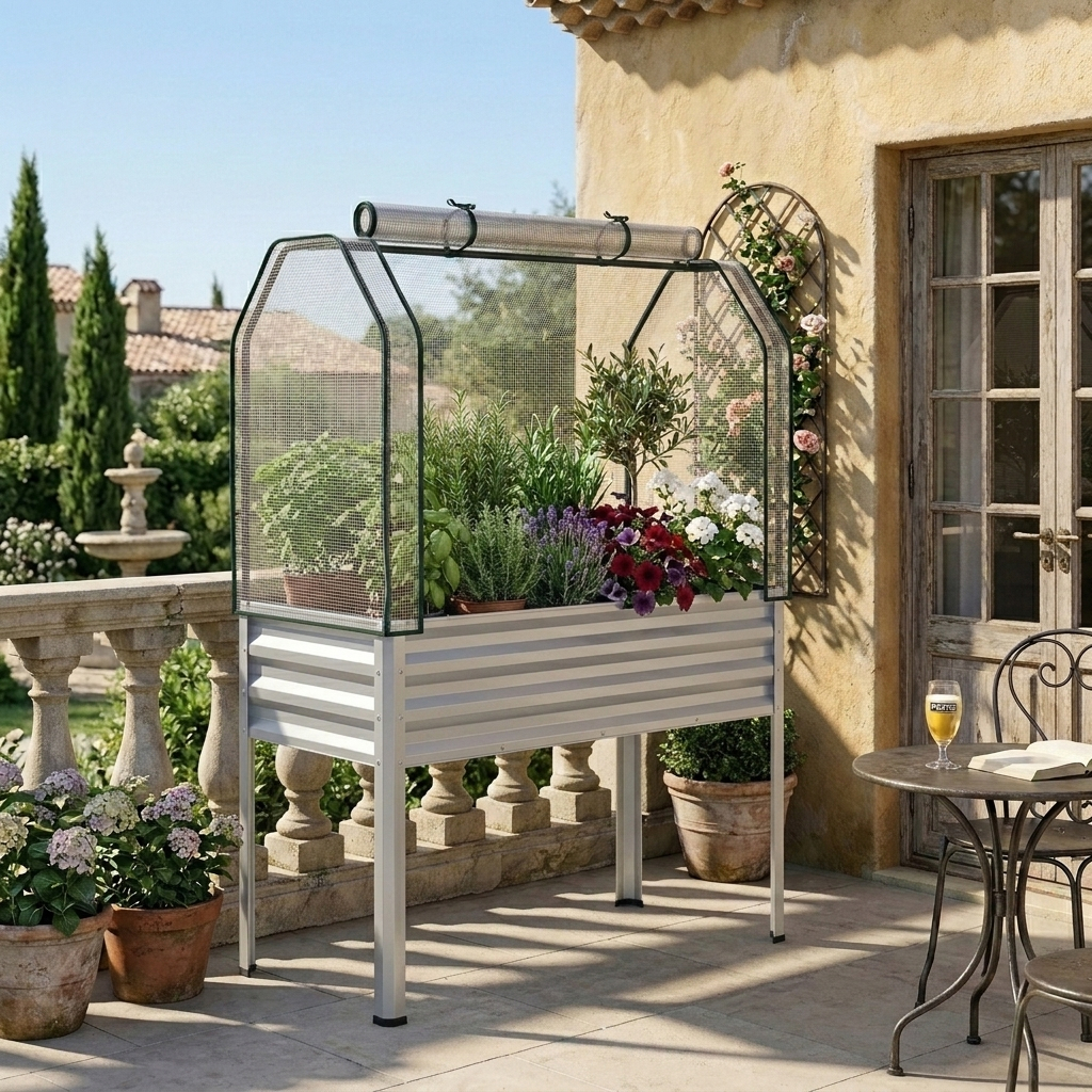 Raised Garden Bed Made Of Galvanized Metal With Pe Cover, Elevated Garden Bed With Roll-up Door And Fastening Strap, Planting Bed For Vegetables And Flowers, Bed For Garden