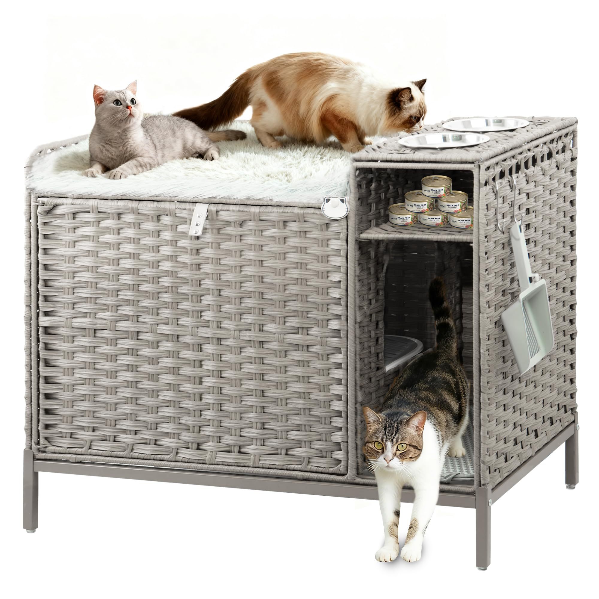 Image of Xxl Hidden Cat Litter Furniture With Plush Cushion, 90x50x65cm Rattan Cat House, Stable With Metal Frame, Cat Cabinet For Large Cats & Living Room Decor