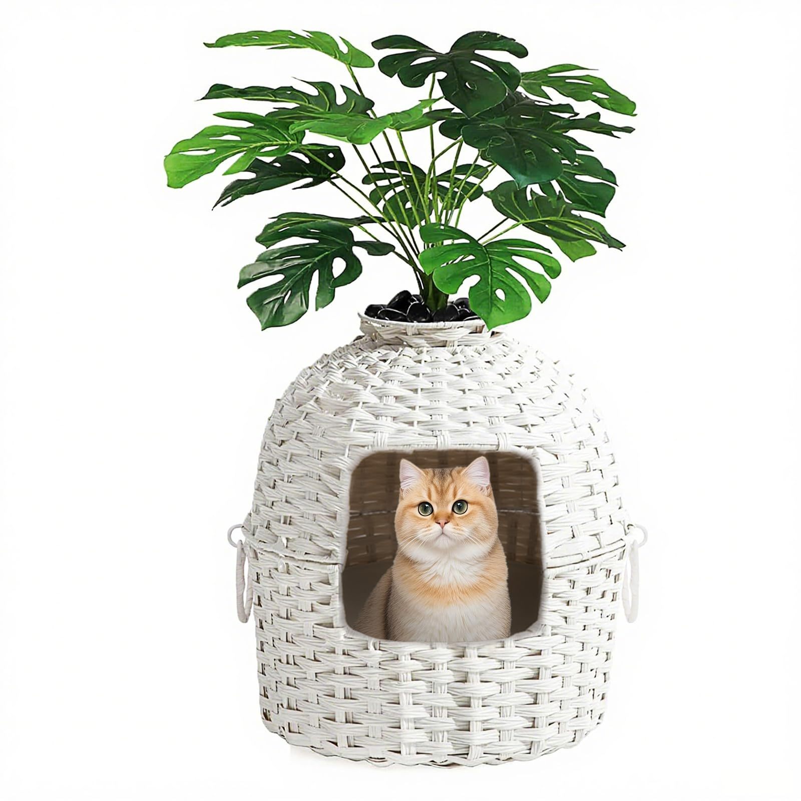 Cat Litter Box Xxl - Hidden Cat Toilet Made Of Hand-woven Rattan With Plant, Spacious & Stylish, Ideal For Large Cats, Living Room Compatible