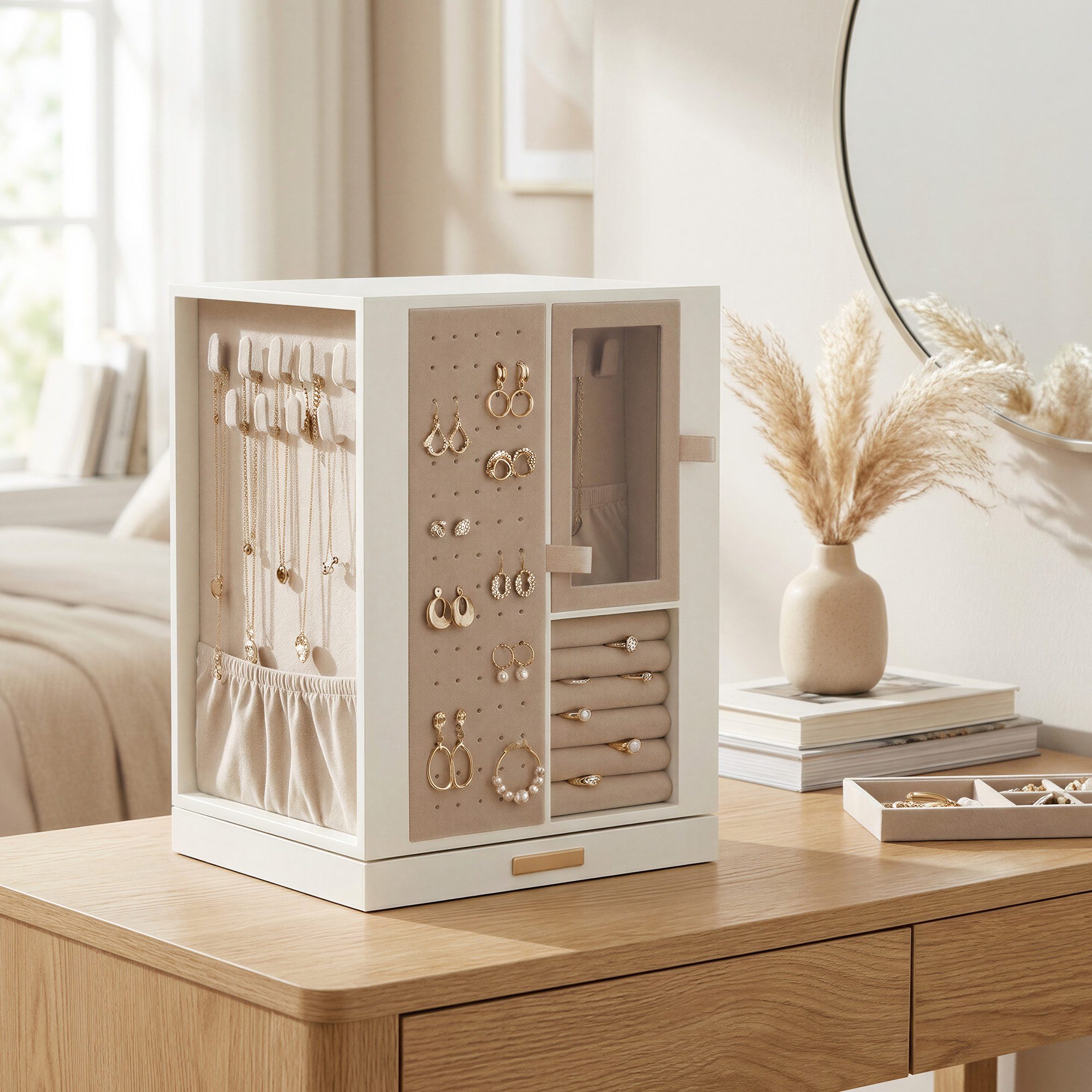 Rotating Jewelry Box With 4 Drawers, Space- Jewelry Storage, Gift Idea, White