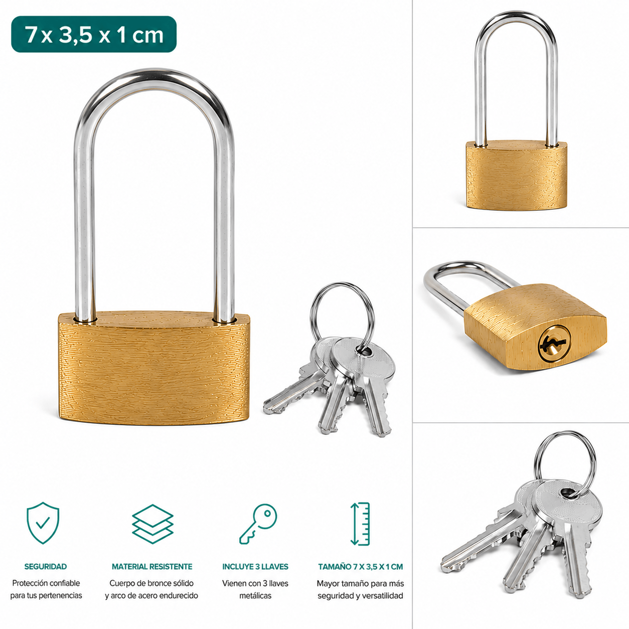 TEMU Candado de Latón con Largo 70 x 35 x 10 mm, 3 Llaves Incluidas, Acero Endurecido, Seguridad para Puertas, , Trasteros y