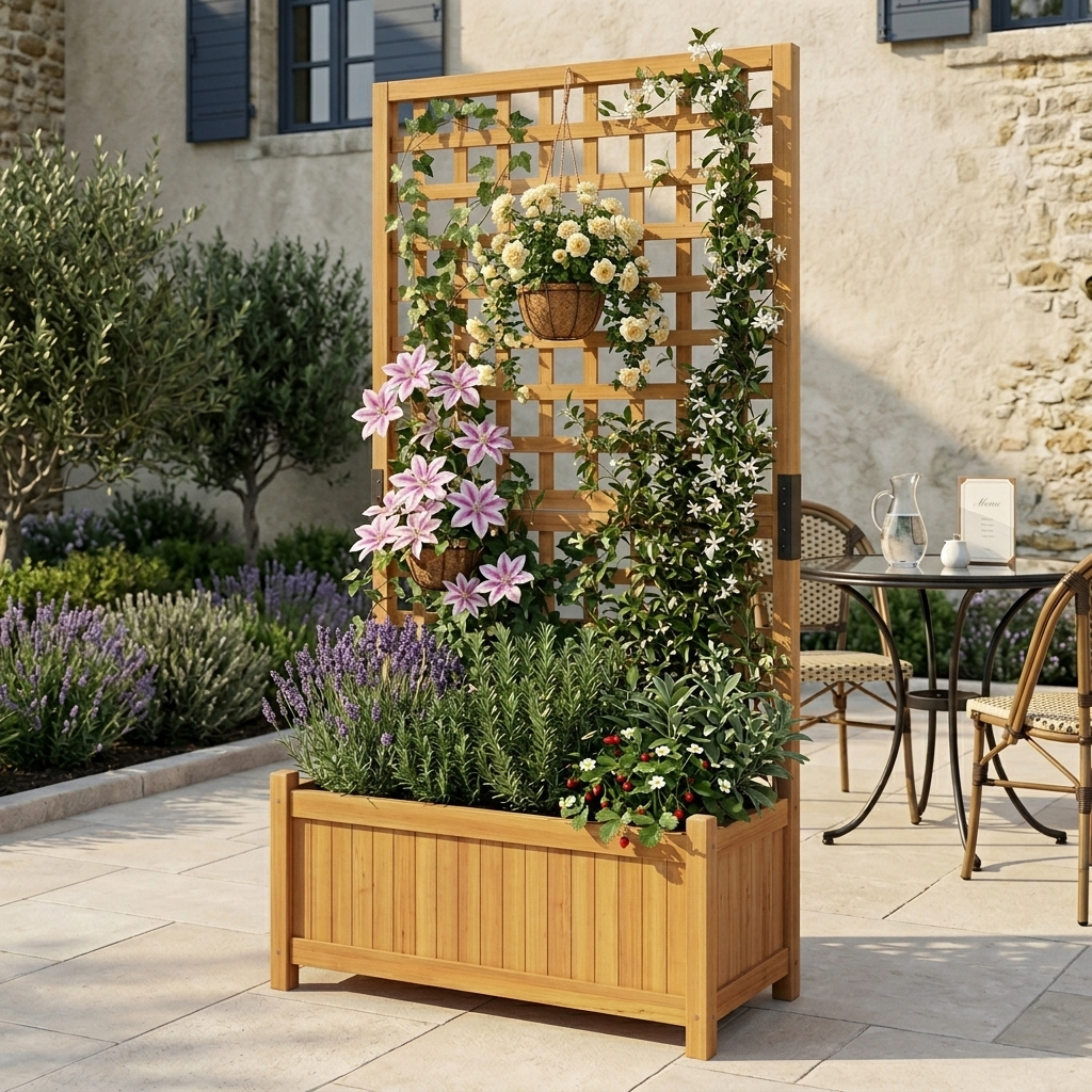 Image of Planter Box With Trellis, Raised Bed Made Of Solid Wood For Flowers Climbing Plants, Flower Bed With Drainage Holes And Trellis For Terrace，76 X 32 X 143 Cm