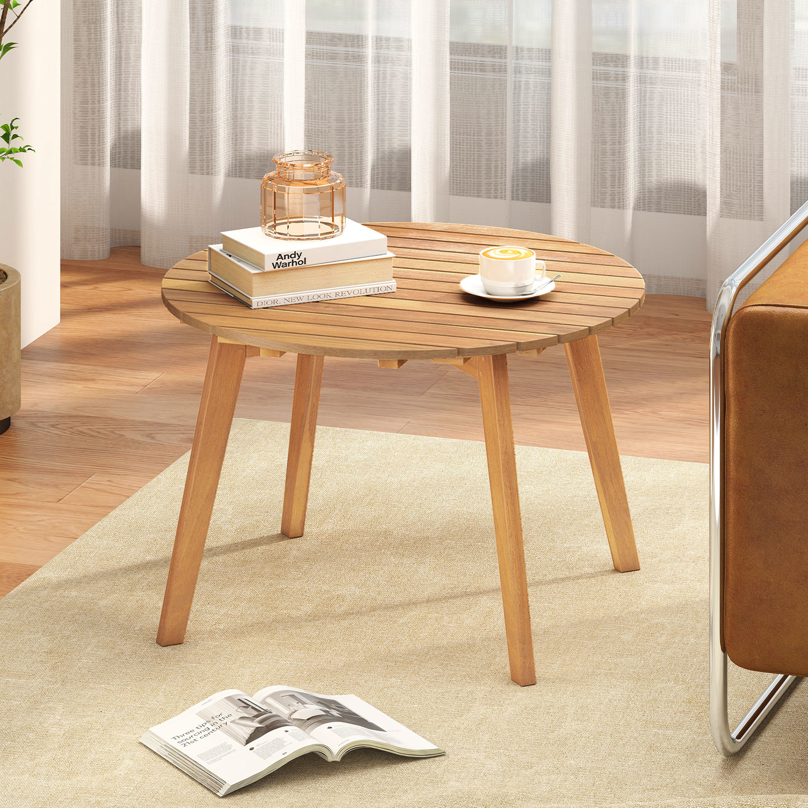 Image of Outdoor Acacia Wood Side Table, Patio 62cm Round End Table With Slatted Tabletop, Wooden Accent Bistro Table For Backyard, Poolside, Garden, Indoor, Easy Assembly, Natural